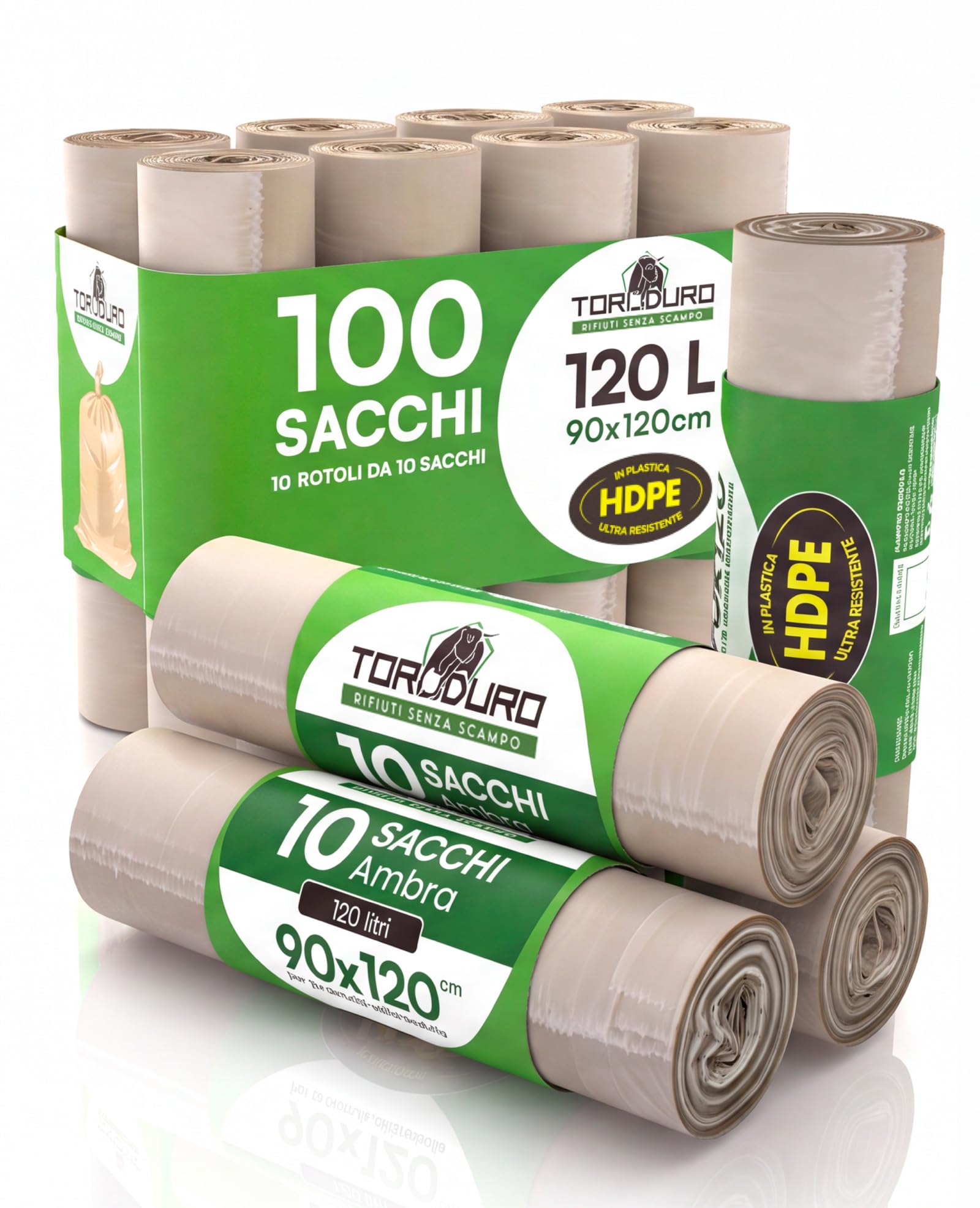 100 Sacchi Ambra Grandi Spazzatura in Plastica HDPE ToroDuro 90x120cm 120L Antiforo Ultra Resistenti per Raccolta Rifiuti Pattumiera Condominiale 10 Rotoli a Strappo - 100 Sacchetti