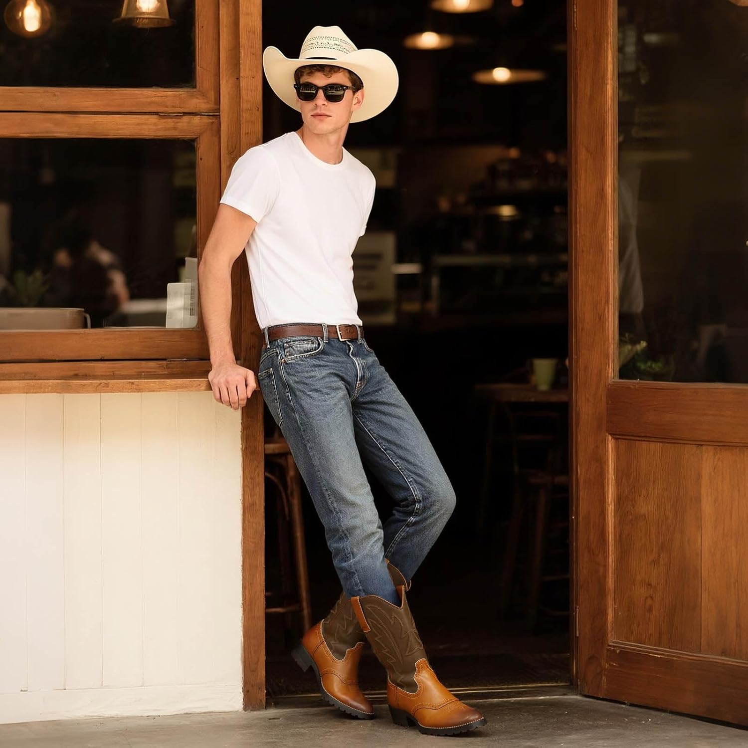 Rollda Cowboy Boots for Men Western Boots Men's Square Toe Chunky Heel Mid-Calf Boots Classic Embroidered Pull On Boots - Image 7