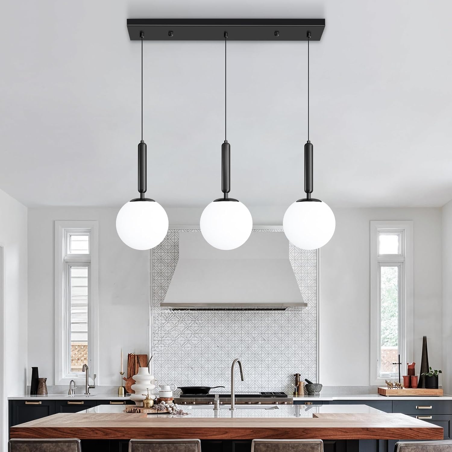 Modern White Glass Chandelier Mid Century Globe Pendants Lights for Kitchen Island Rectangular Lighting Fixtures for Dining Room Living Room Black