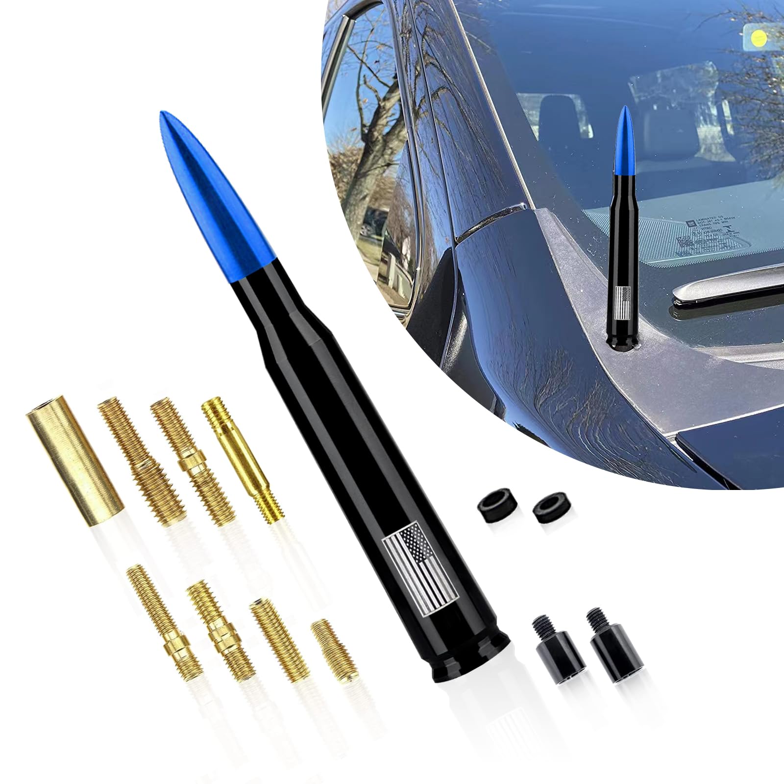Fluher 1 PC Car Bullet Antenna, American Flag Technology Metal Texture Personalized Antenna, Signal Receiving Modification Accessories, Compatible with Ford F150 Wrangler Jeep Chevrolet (Blue)