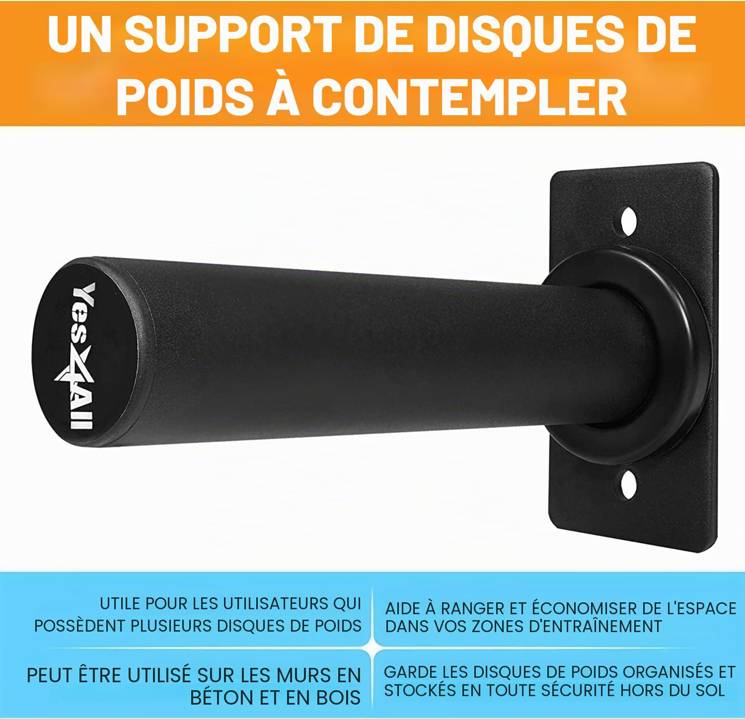 Yes4All Support Mural pour Plaque de Poids, Simple et Double - Convient pour les Plaques de Poids Olympiques de 5 cm, Pad en Caoutchouc de Protection