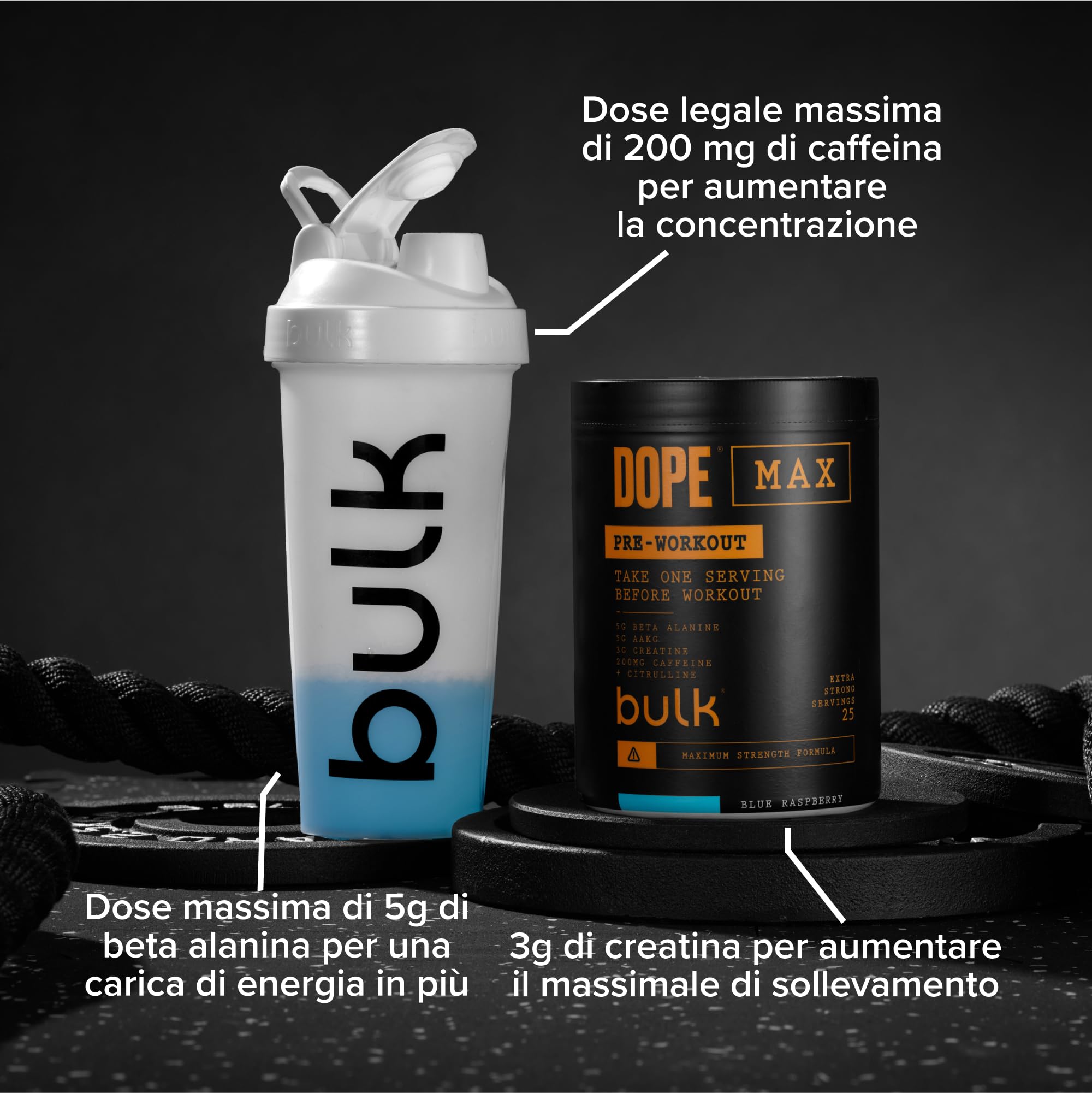 Bulk Dope Max Polvere Pre-allenamento | 563 g | 25 porzioni | Alto Contenuto di Caffeina 200mg | 5g Beta Alanina | 3g Creatina | Miscela AAKG & Citrullina | Vitamina B6 | Sour Apple