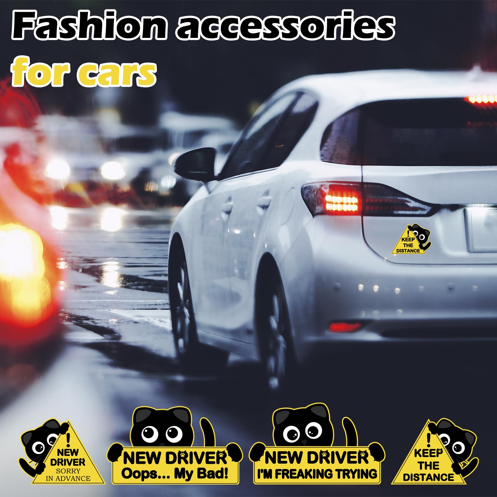 4 magneti per auto nuova con gatto nero, divertenti magneti per auto per neopatentati. Siate pazienti, segnali di avvertimento di sicurezza per studenti alla guida. Dimensioni moderate e lunga