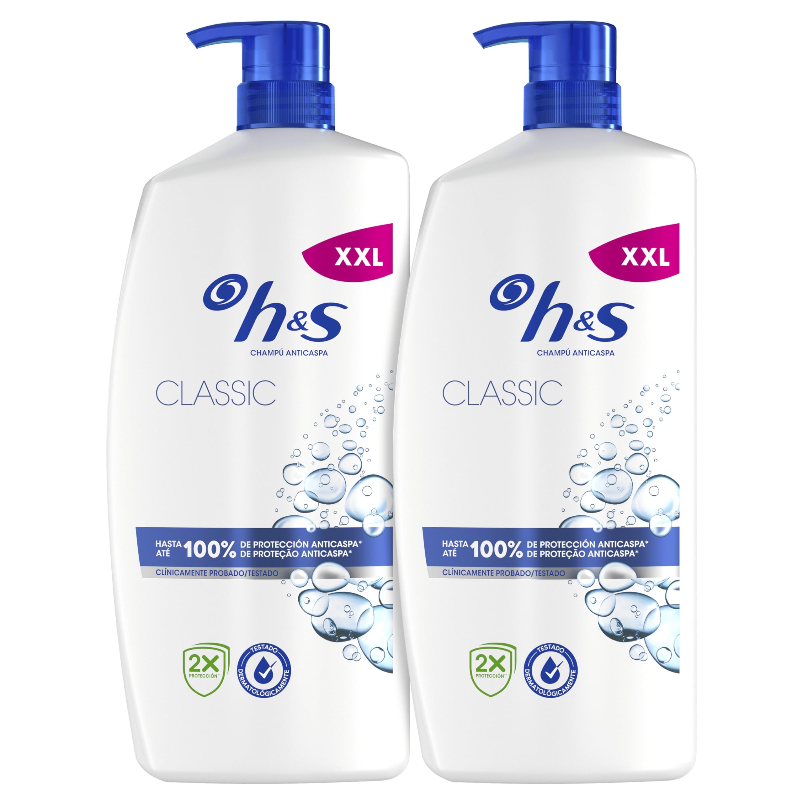 H&S Classic Champú Anticaspa 2x1000ml con Dispensador, para Uso Diario. Hasta 100% de Protección Anticaspa, Clínicamente Probado. Para Todo Tipo de Pelo y Cuero Cabelludo. Sensación de Frescor