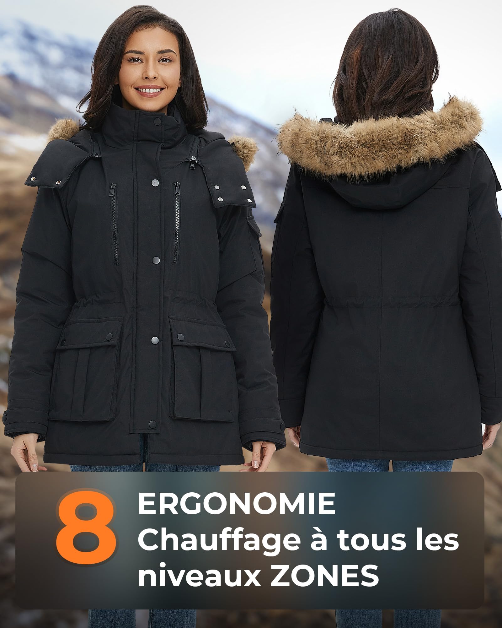 Veste Chauffante Femme Avec Batterie Incluse de 18400 Mah 12v, 8 Zones de Chauffage,Parka Longue Femme chaud et imperméable à capuche amovible en fausse fourrure