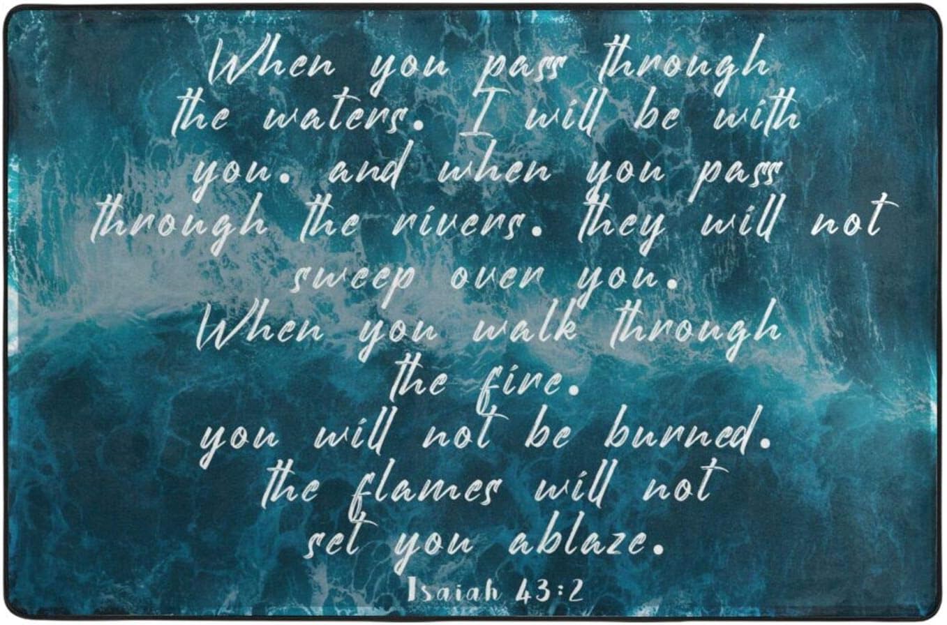 Prayer Mat Christian Prayer Rug with English Bible Verse Scripture Prayer, Foam Decorative Area Rugs for Meditation and Pray, Wave Isaiah 43:2,,24x16