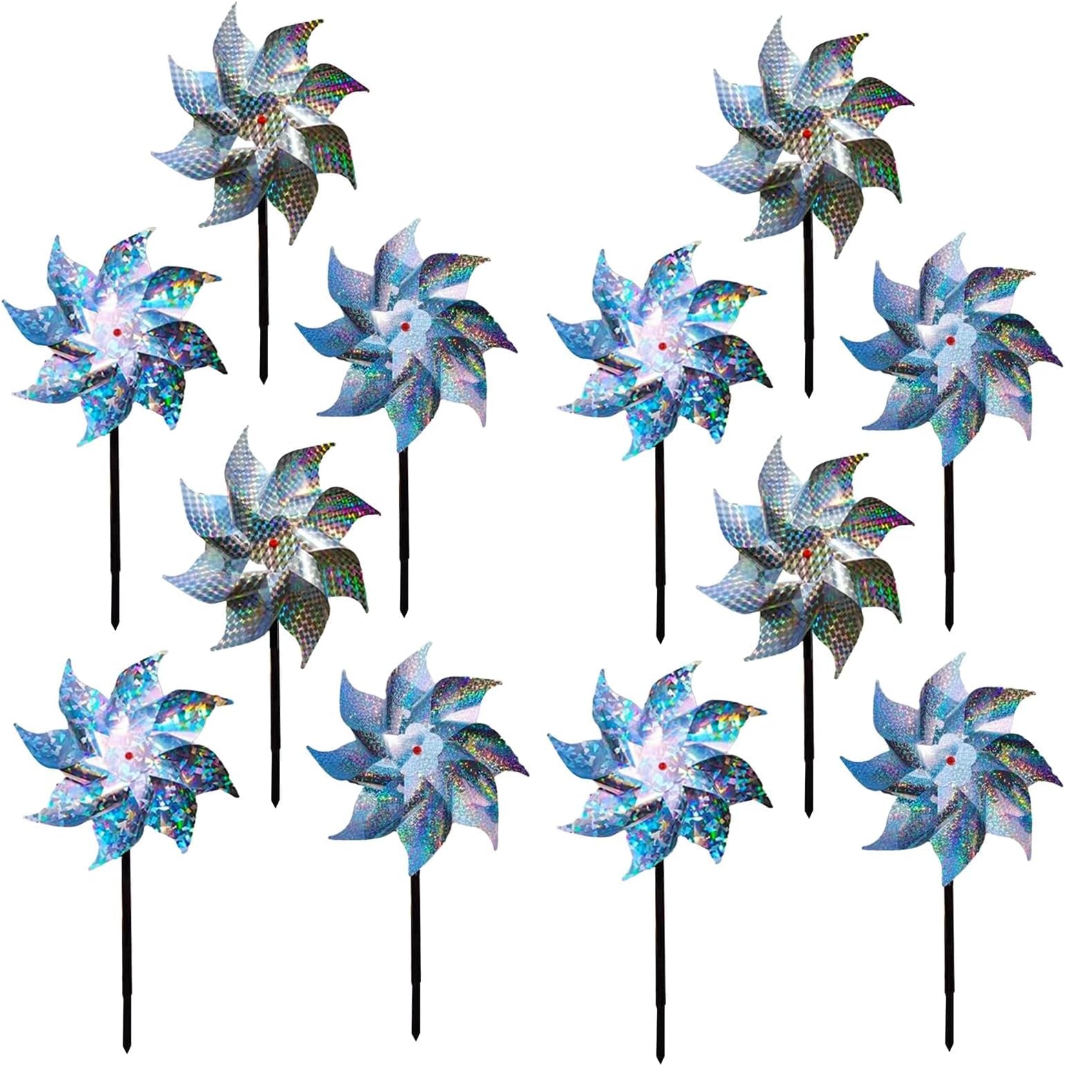 X spring Reflective Pinwheels, 12 Pack Sparkly Reflective Pinwheel with Stakes, Sparkly Silver Spinners for Garden Decor, Bird Repellent Devices Deterrent to Scare Birds Away from Yard Patio Farm