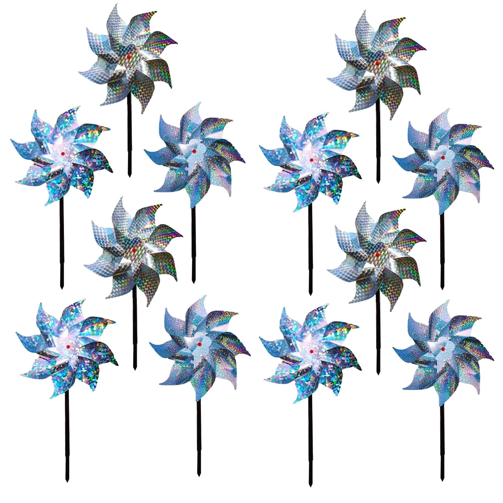 X springReflective Pinwheels, 12 Pack Sparkly Reflective Pinwheel with Stakes, Sparkly Silver Spinners for Garden Decor, Bird Repellent Devices Deterrent to Scare Birds Away from Yard Patio Farm