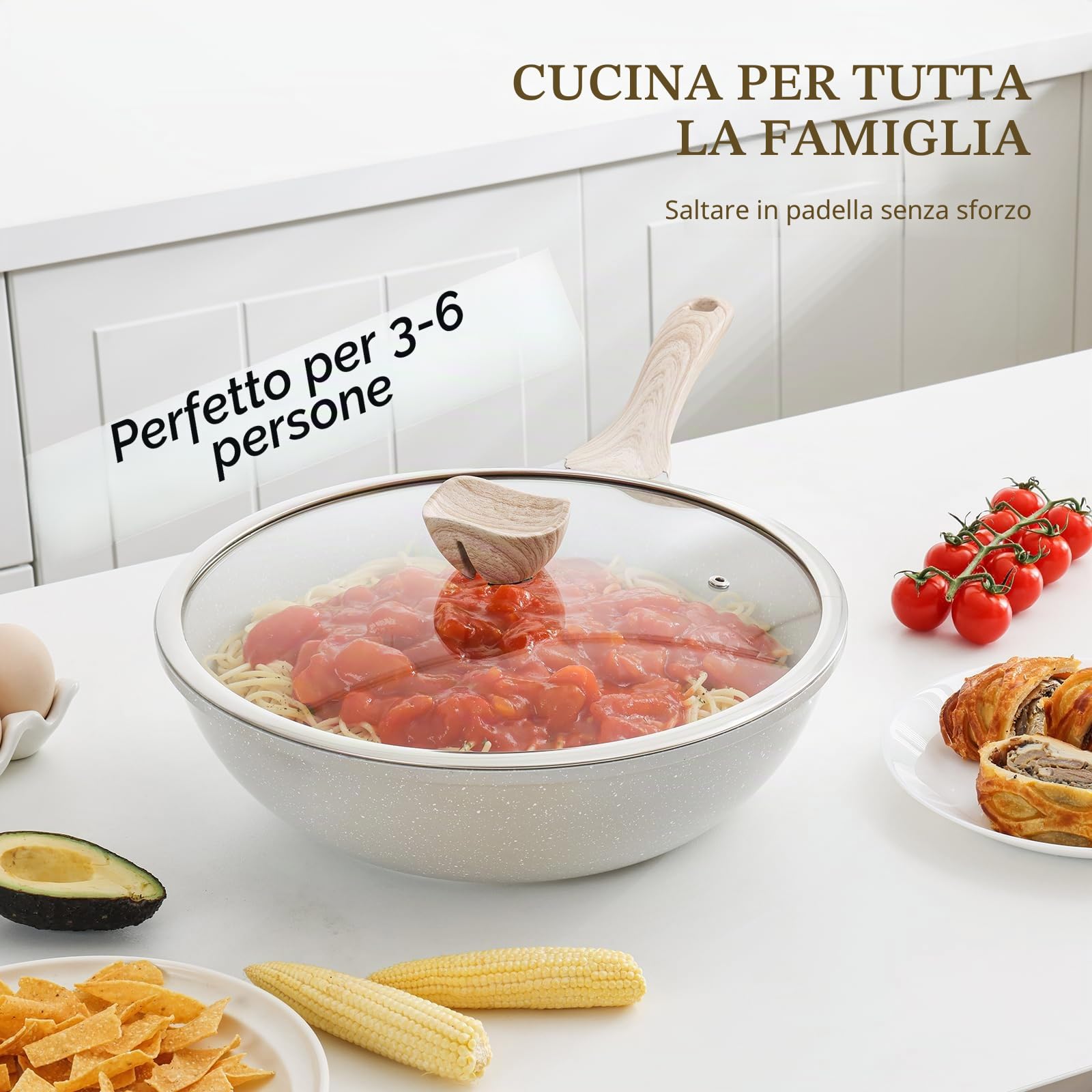 Kordisen Wok Ceramica 30 cm, Wok a Induzione con Coperchio, Rivestimento Antiaderente, Adatto a Tutti i Piani Cottura, Senza PFOA e PFAS (Grigio)