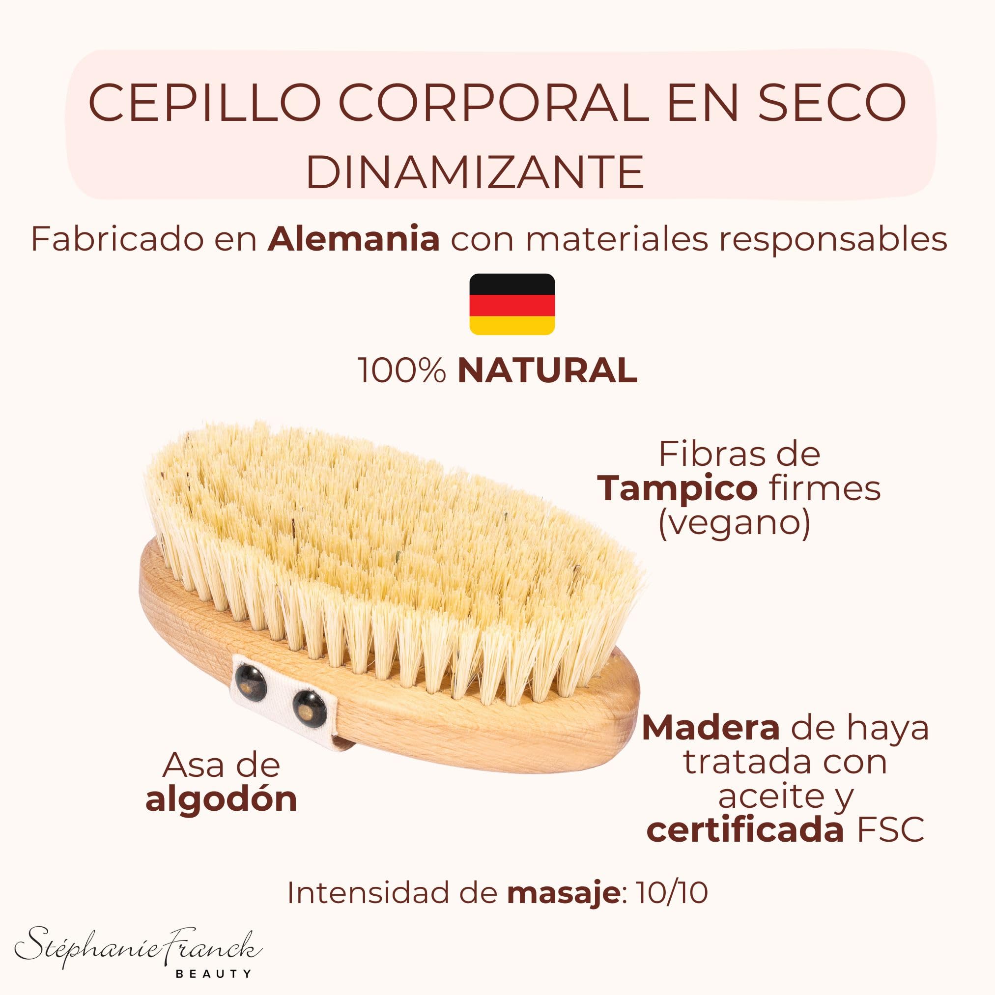 Cepillo seco de drenaje linfático – Dry Brushing antielilitis, exfoliación natural, energía – Fibras de Tampico & Madera de Haya - 100% Vegano – Made in Germany