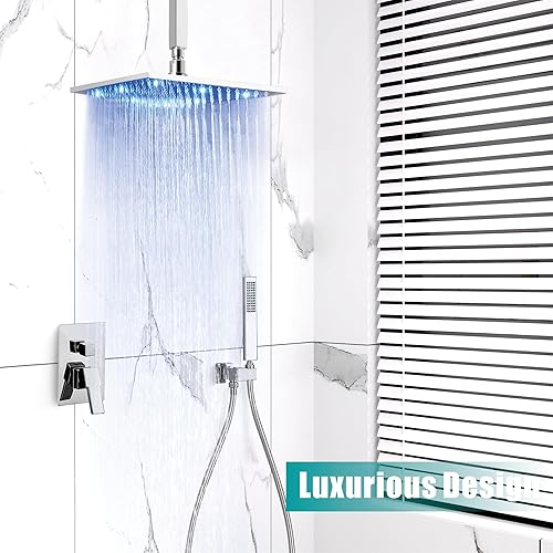 Miniatura 15 de SKOWLL Juego de grifo de ducha de baño LED de 12 pulgadas, sistema de accesorios de ducha de lluvia, juego de cabezal de ducha de montaje en pared