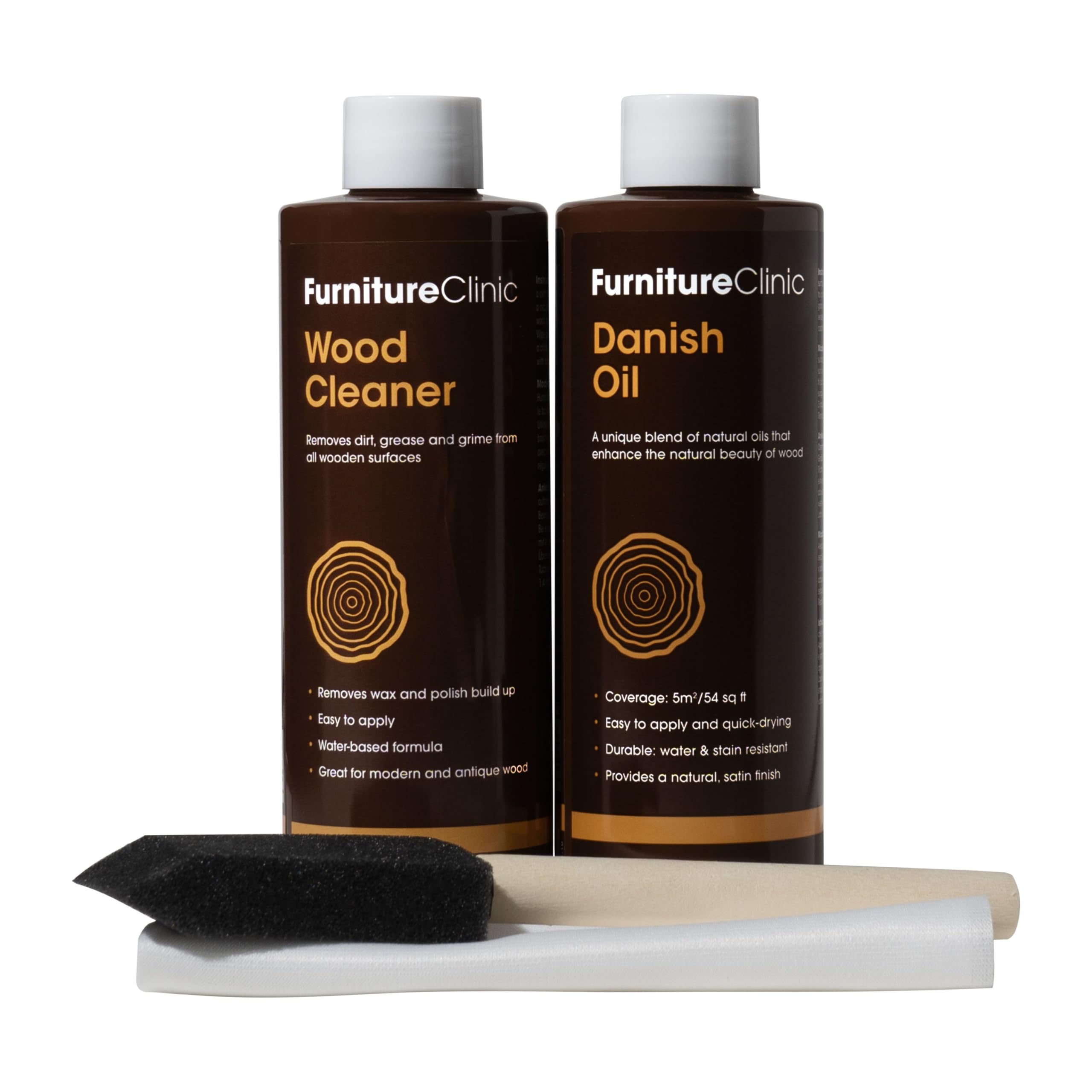 Furniture ClinicWood Oil Kit - for Oiling & Restoring All Indoor & Outdoor Wooden Surfaces Such as Worktops & Doors. Contains 250ml Danish Oil, 250ml Wood Cleaner, Sanding Pads, Brushes, Cloths.