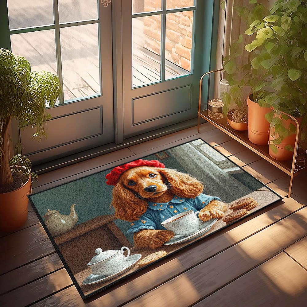 Paillasson extérieur automne avec chien en robe bleue pour entrée accueillante