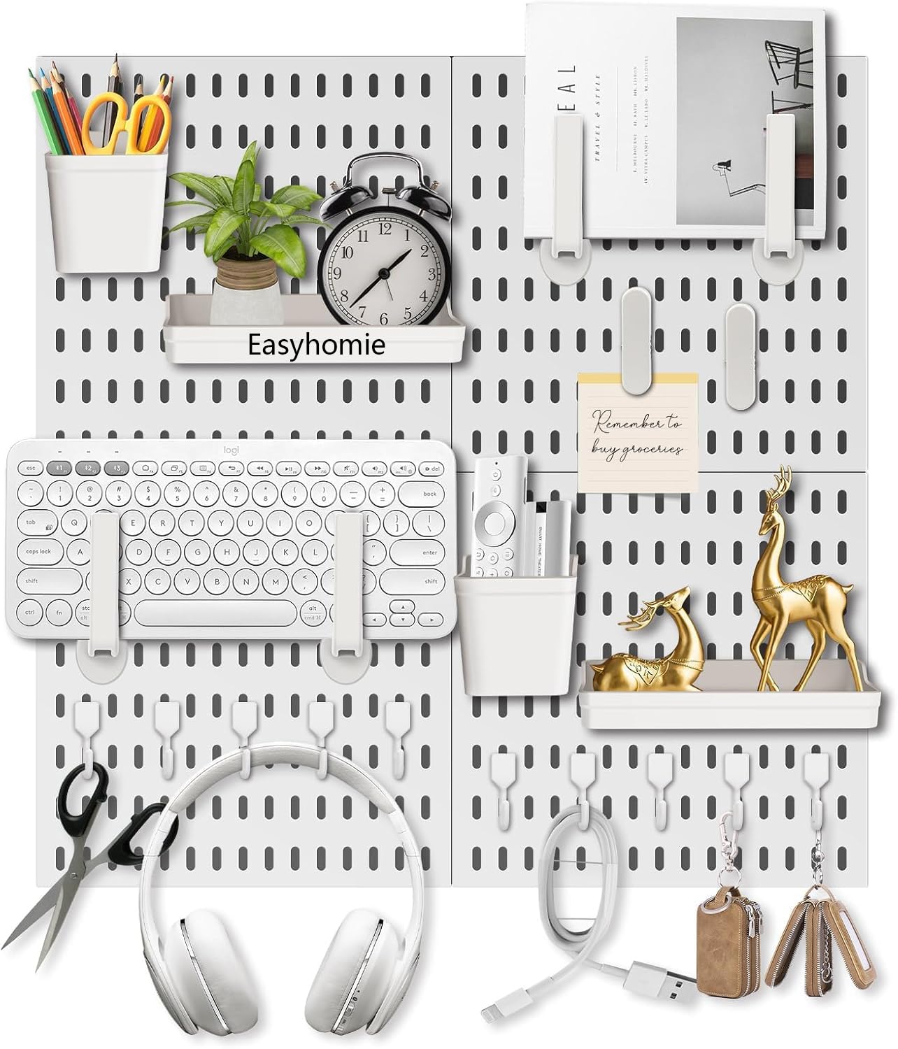 Wall Organiser Pegboard Combination Kit with 4 Tiles 30x30cm Pegboards + 20 Pieces Accessories for Room Storage, Organization and Decoration, Free Combination & Easy Install