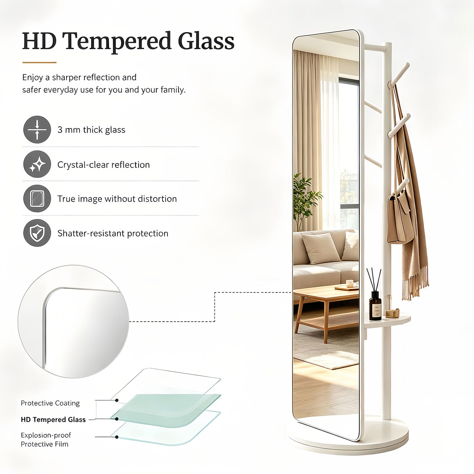 Ganzkörperspiegel | Standspiegel mit 360° Drehbar und Garderobenständer | Stehspiegel 164 * 40cm aus Massivholzrahmen Hartglas | Spiegel Ganzkörper für Schlafzimmer Wohnzimmer Garderobe