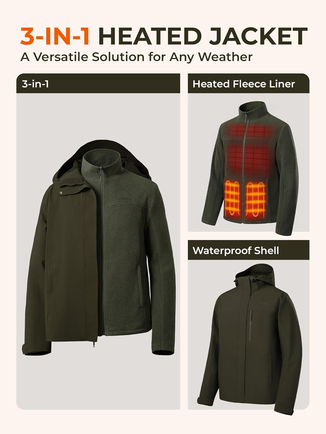 ORORO Men's 3-in-1 Heated Jacket with Waterproof Shell and Heated Fleece Liner, Fleece Heated Jacket with Battery - Image 2