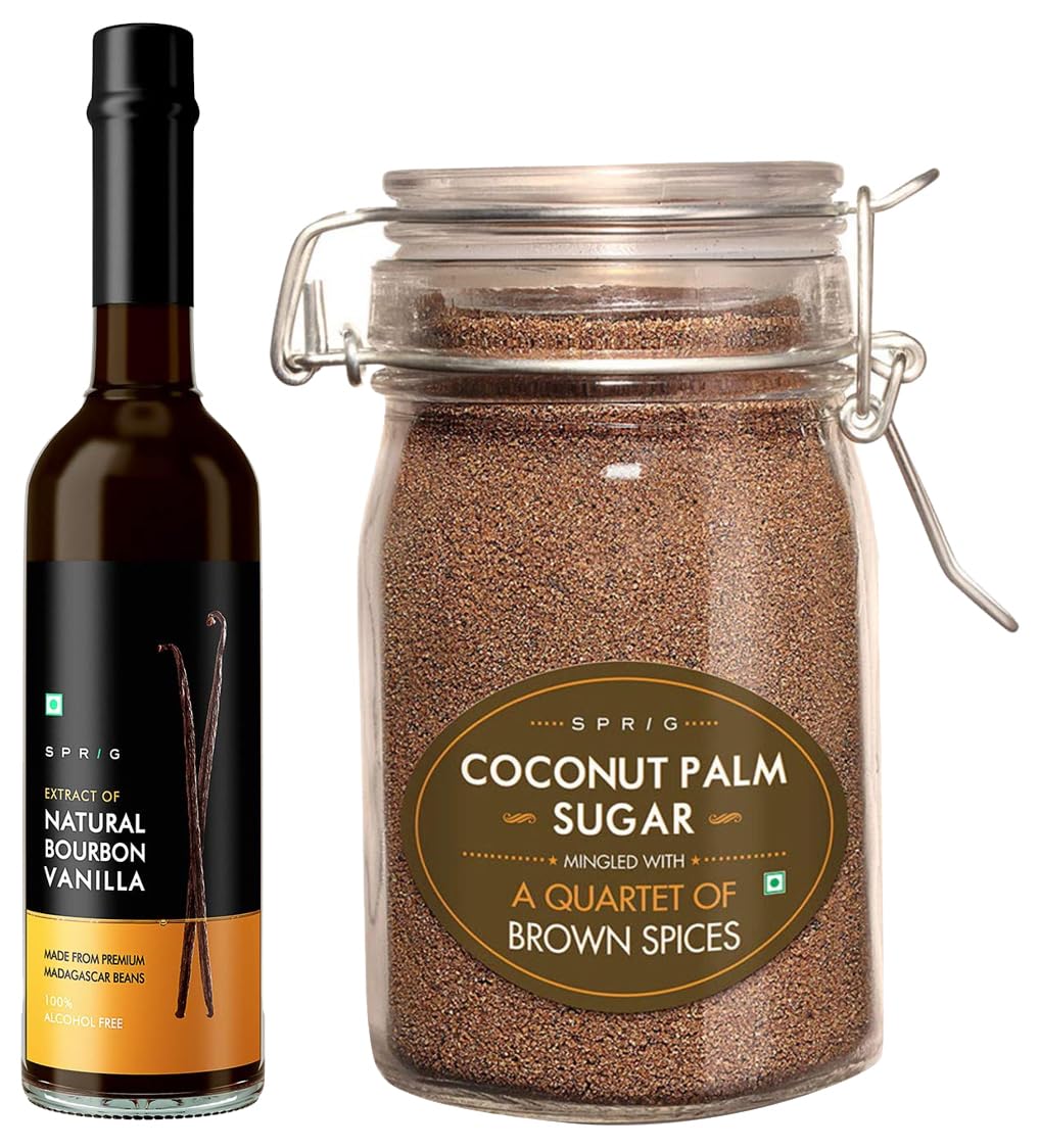 S P R I G Natural Bourbon Vanilla Extract- 50 ml & Sprig Coconut Palm Sugar Mingled with a Quartet of Brown Spices | Coconut Sugar infused with Cinnamon, Clove & Star Anise| 175g