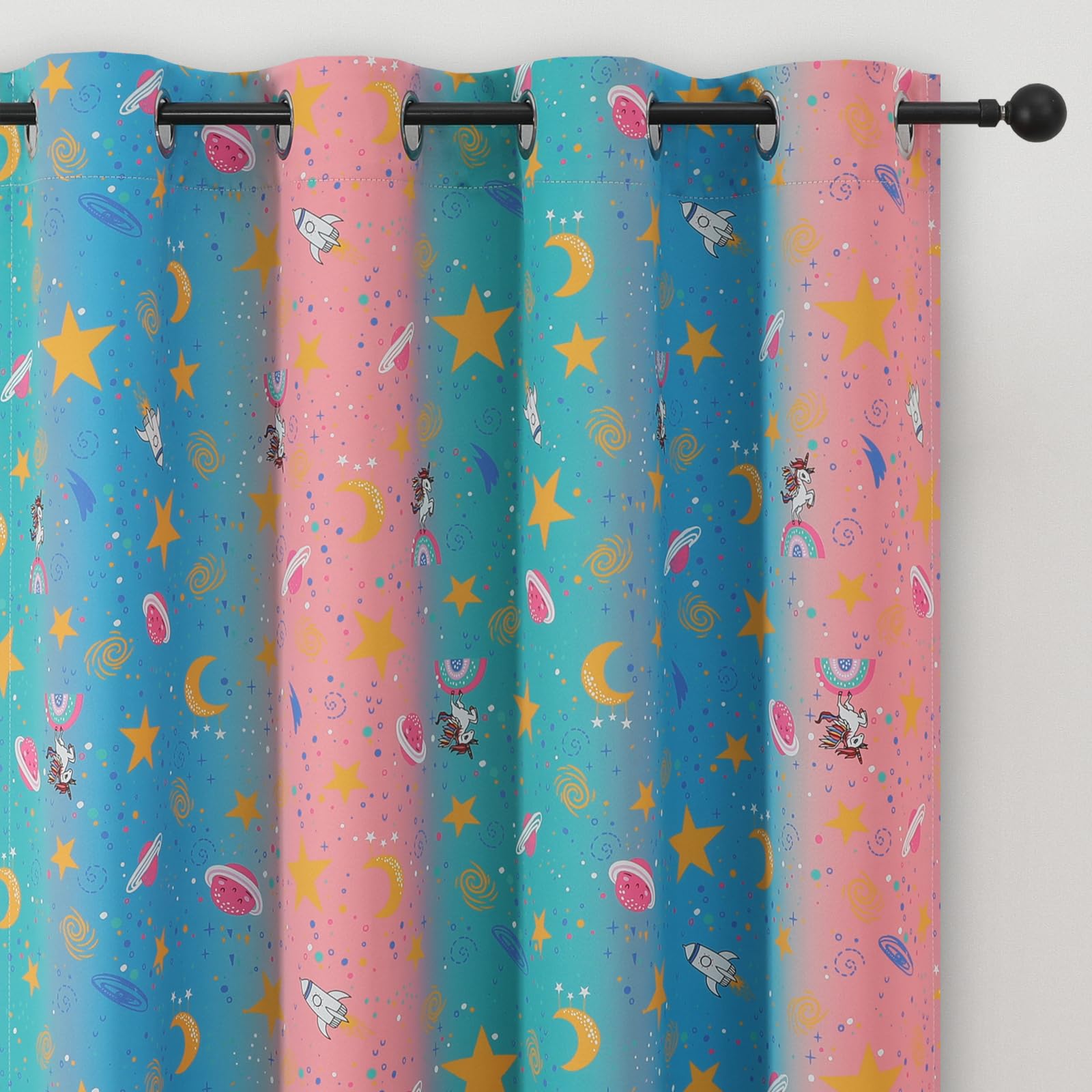 Pink Teal and Blue Star &amp; Moon Blackout Curtains for Girls Bedroom,38Wx63L