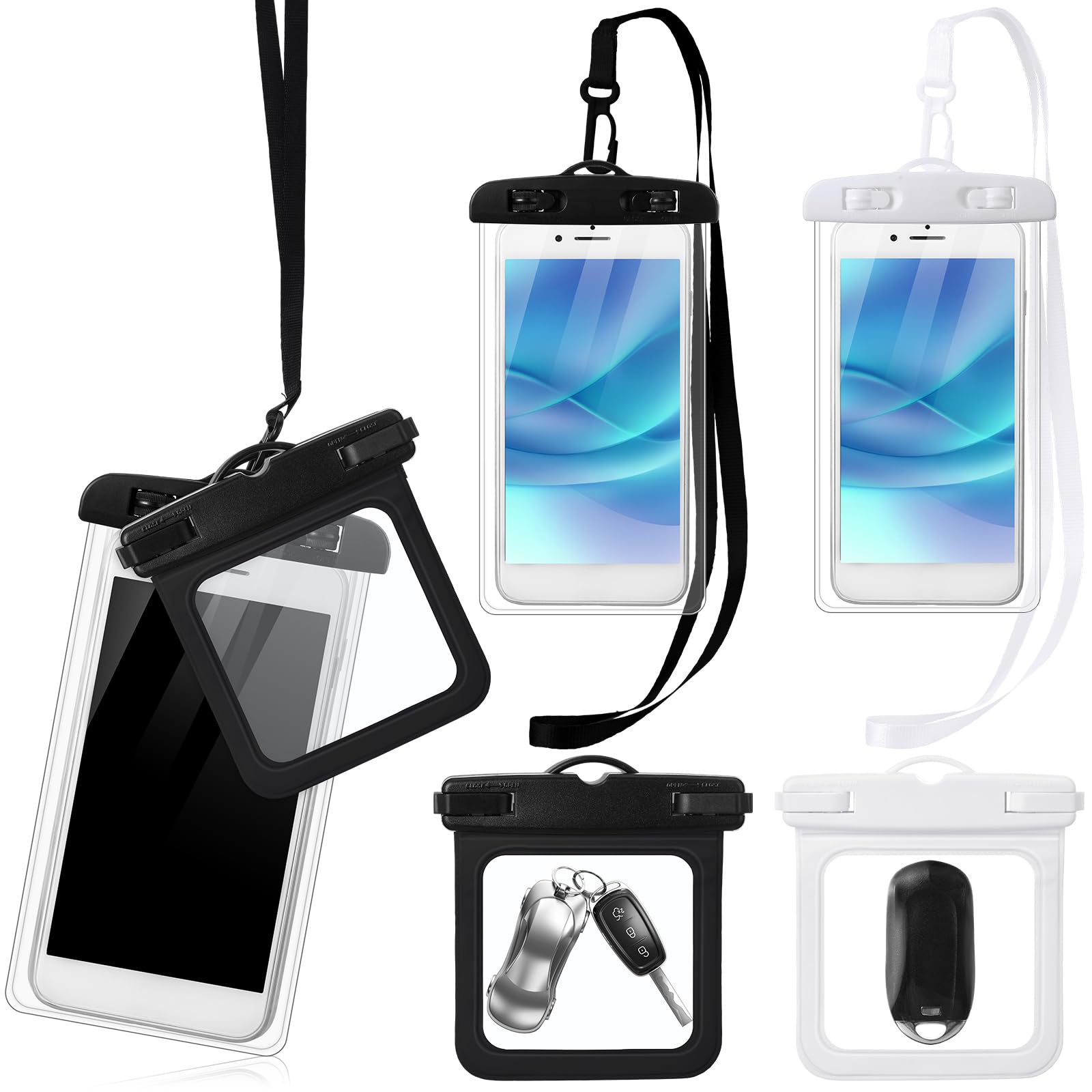 Relaxweex Paquete de 2 fundas impermeables para teléfono y 2 fundas para llaves de identificación en efectivo, funda para teléfono celular, bolsa seca con cordón, brazalete, bolsas secas para