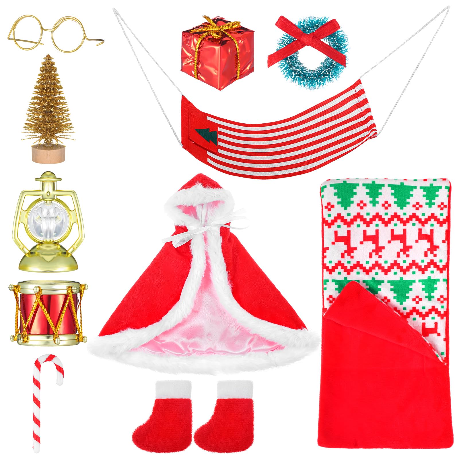 Bencailor Christmas Elf Accessories Elf Clothes Set Including Bathrobe Christmas Sleeping Bag Apron Hammock Shoes Scarf for Xmas New Year Party Decor(Bright Style)