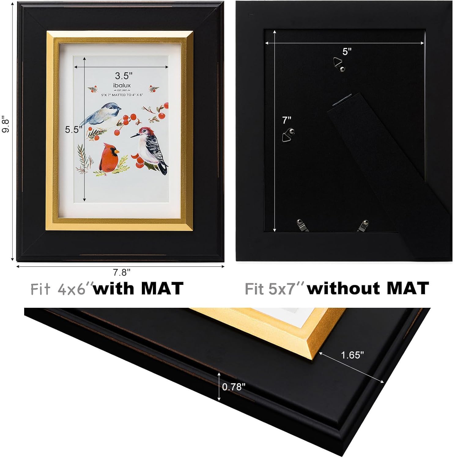 5x7 Black Wood Picture Frame with Real Glass, Gold Inner Border, Matted to 4x6, Vertical and Horizontal for Tabletop or Wall Hanging