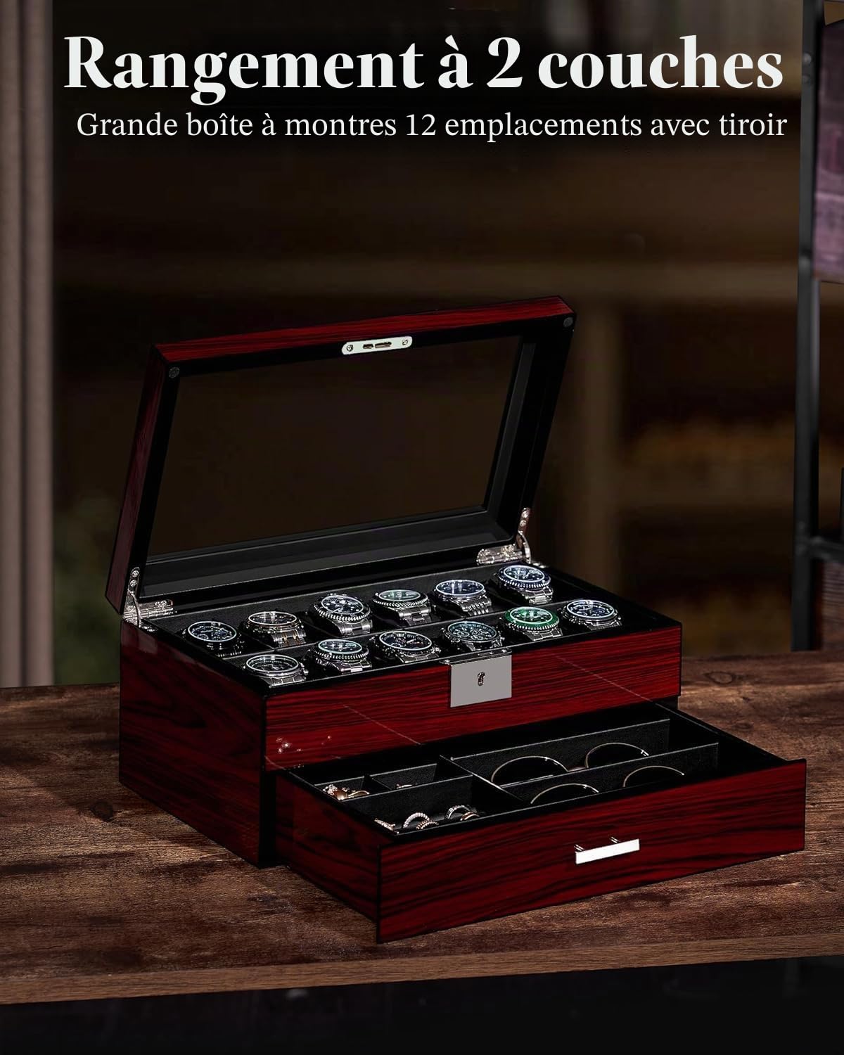 ANWBROAD Boîte à montres à 12 emplacements pour homme avec grand couvercle en verre à 2 niveaux - Organiseur de montre verrouillable - Support de montre luxueux JWB003Y