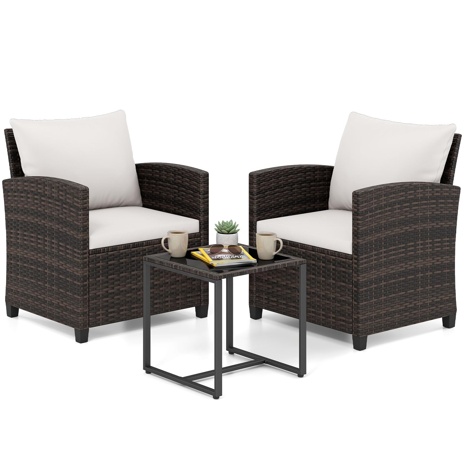 COSTWAY Set Mobili da Giardino 3 Pezzi, Salotto da Esterno in Rattan PE con Cuscini Sfoderabili, Tavolino in Vetro Temperato Beige