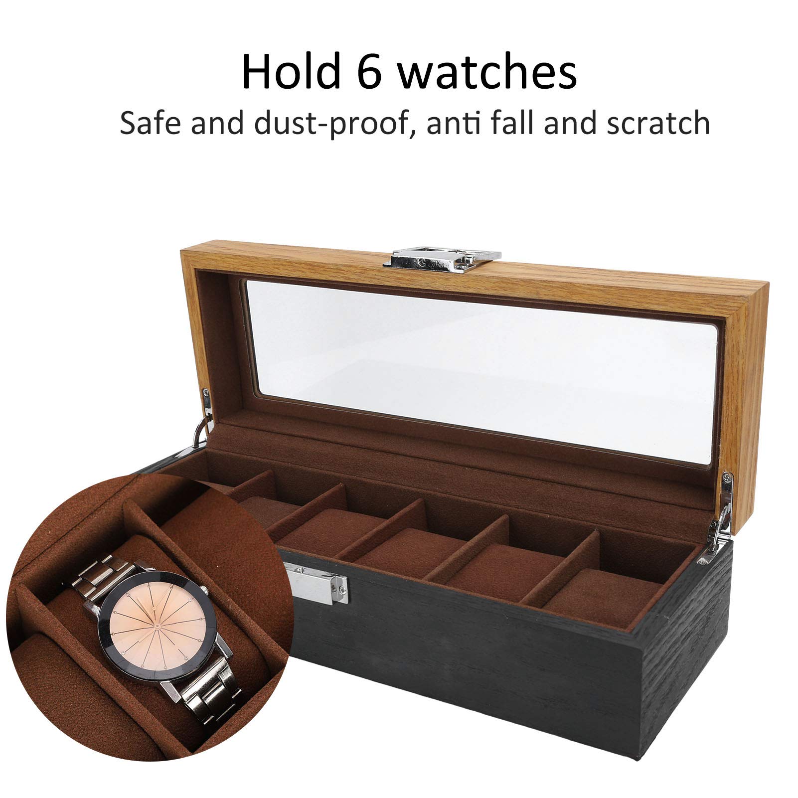 Caja para Relojes, Organizador de Relojes de Madera Maciza con 6 Ranuras, Vitrina, Caja de Almacenamiento para Relojes con Tapa de Vidrio para Hombres y Mujeres, Soporte para