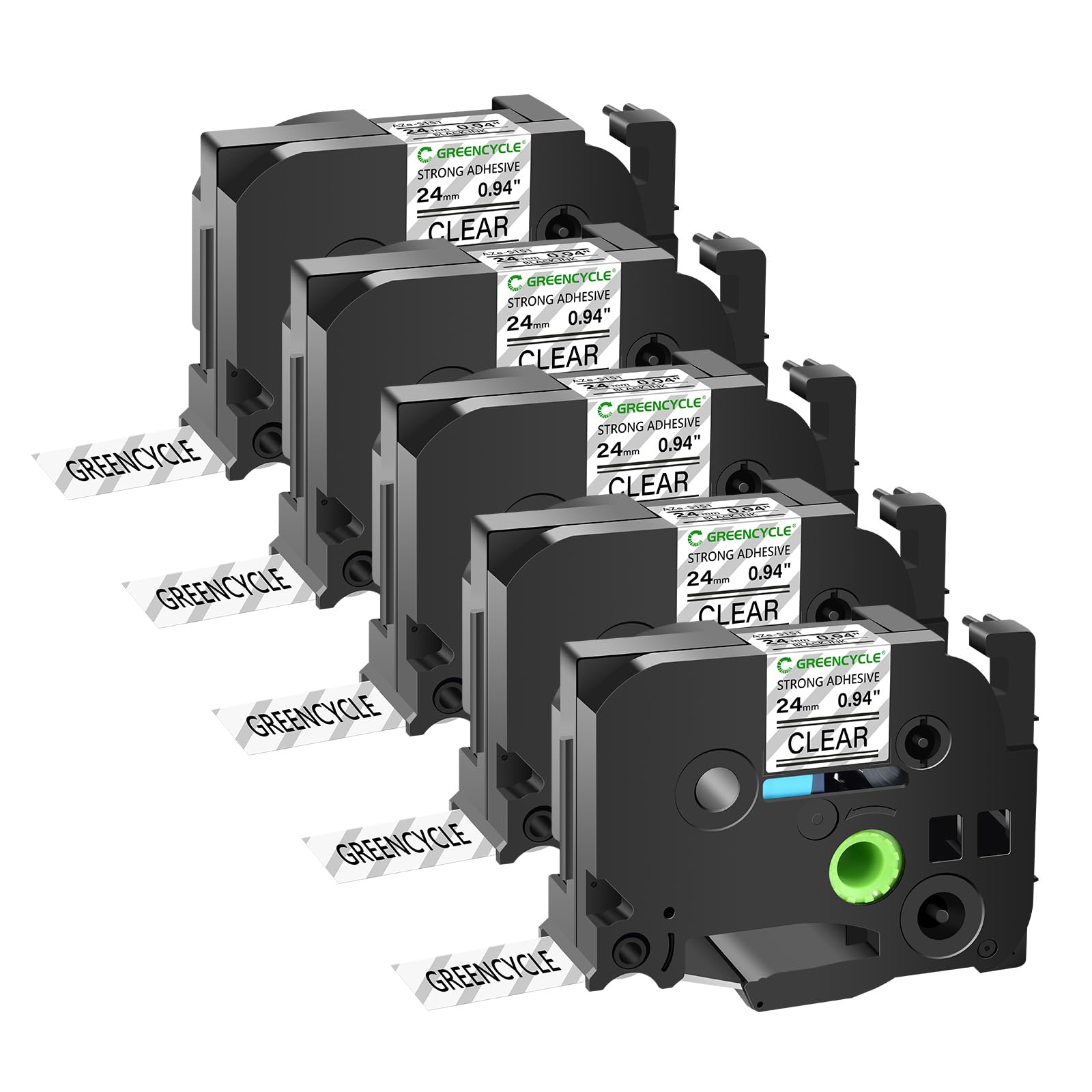 GREENCYCLE Extra Strength Label Tape TZe-S151 24mm 0.94" Laminated Clear Compatible for Brother P-Touch TZeS151 TZ-S151 TZe TZ 1 inch Black on Clear Label Tape for PT2730 PT9600 PTH500LI, 5 Pack