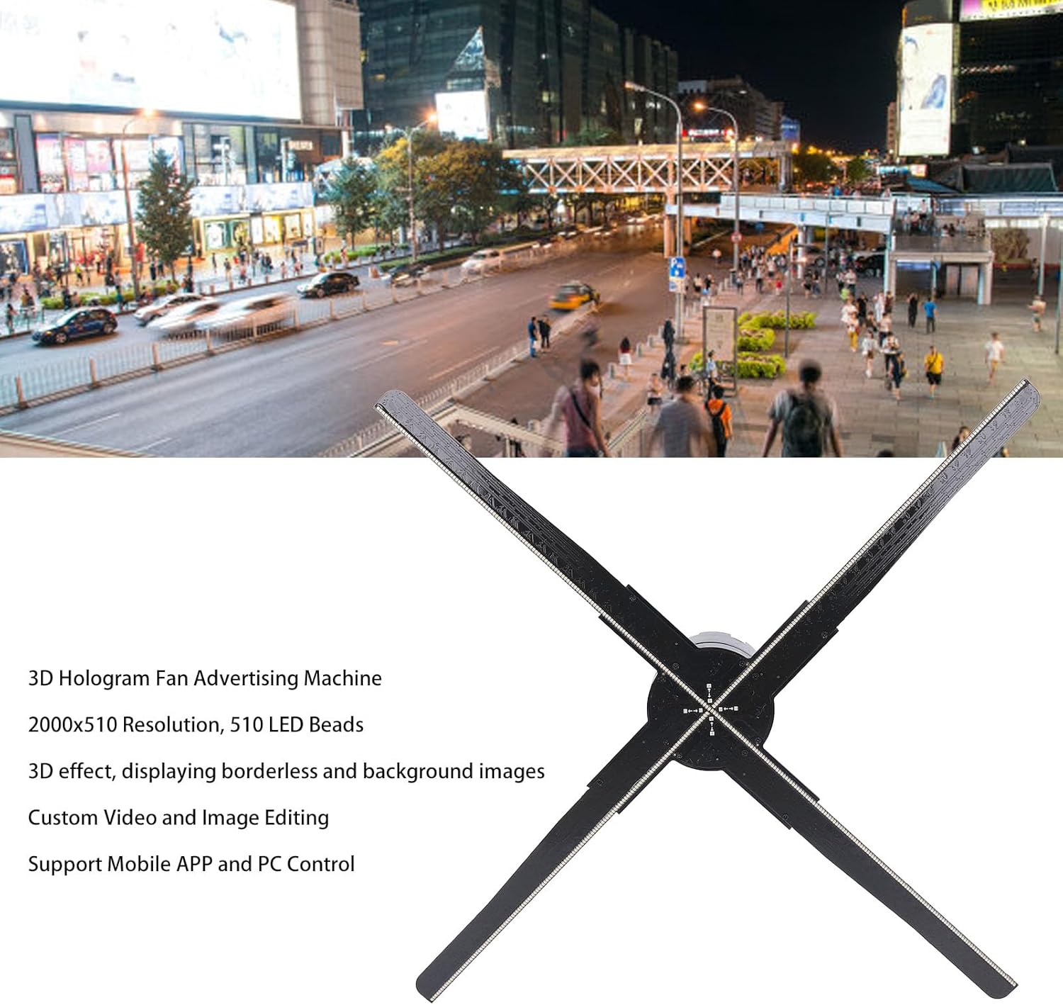 Jectse 3D Hologram Fan, 45cm 8GB 3D Holographic Projector Advertising Display with 510 LED Beads, 4 Blades 3D Advertising Machine Supports APP P Control for Business Store Signs Bar