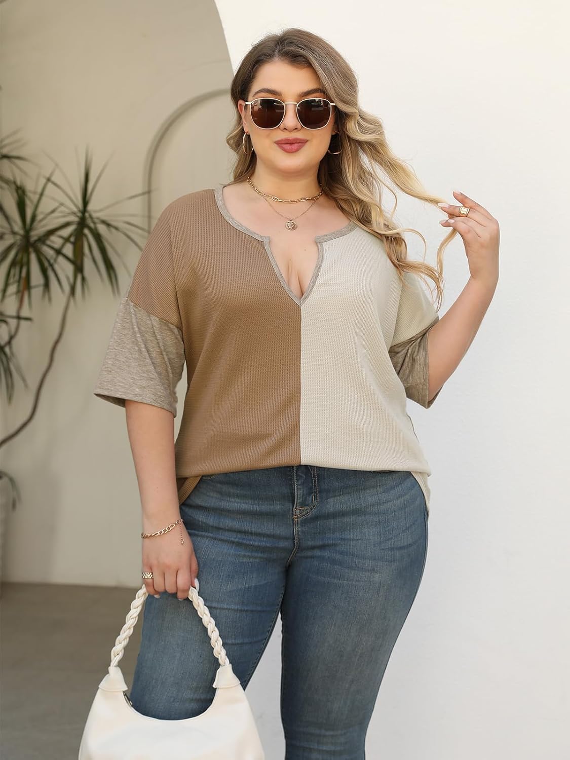 Womens Plus Size Summer Tops Fashion Half Sleeve Waffle Knit Shirts Casual V Neck Colorblock Patchwork Blouses - Image 2