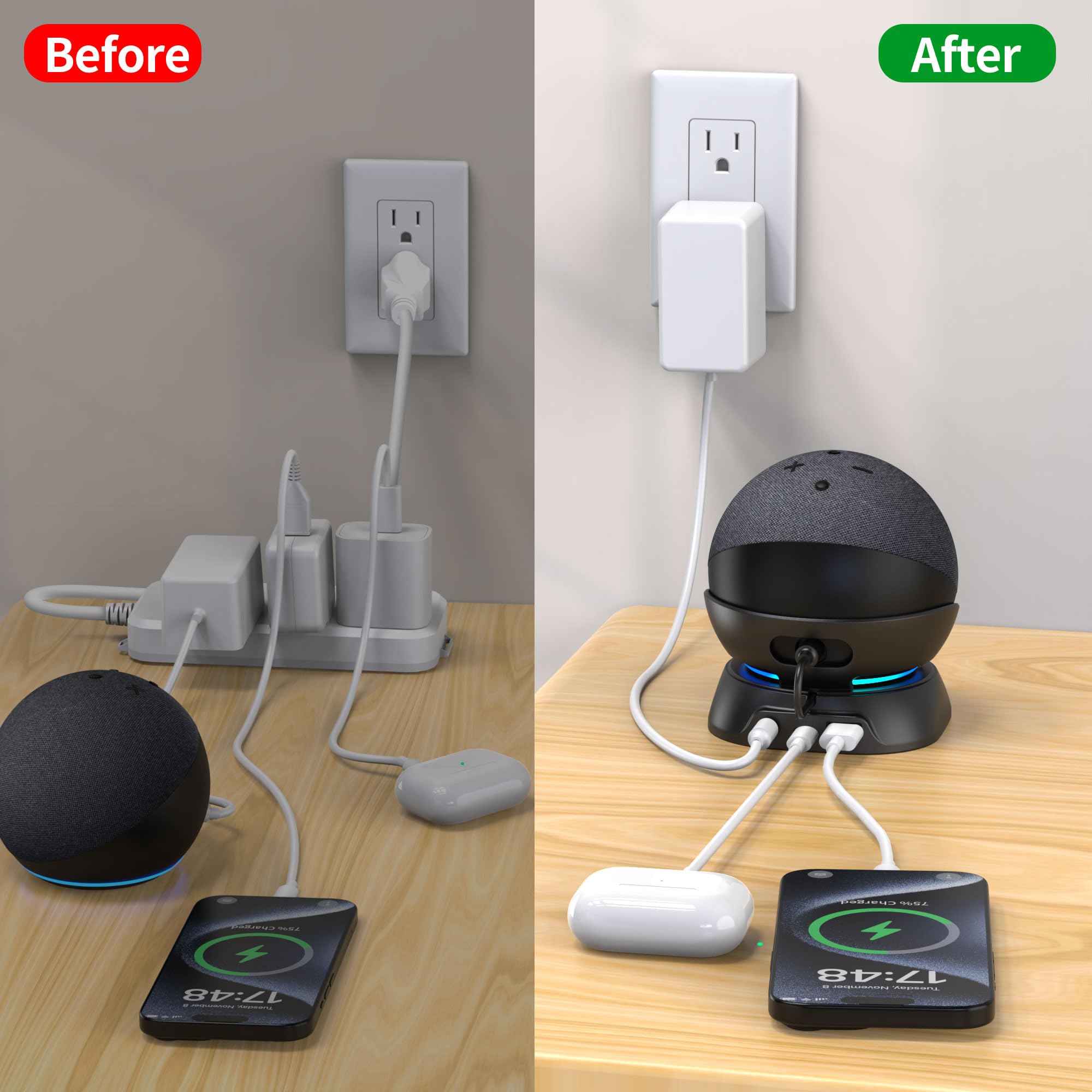 Echo Dot Charger Base Versatile Charging Stand-For Mobiles Earbuds