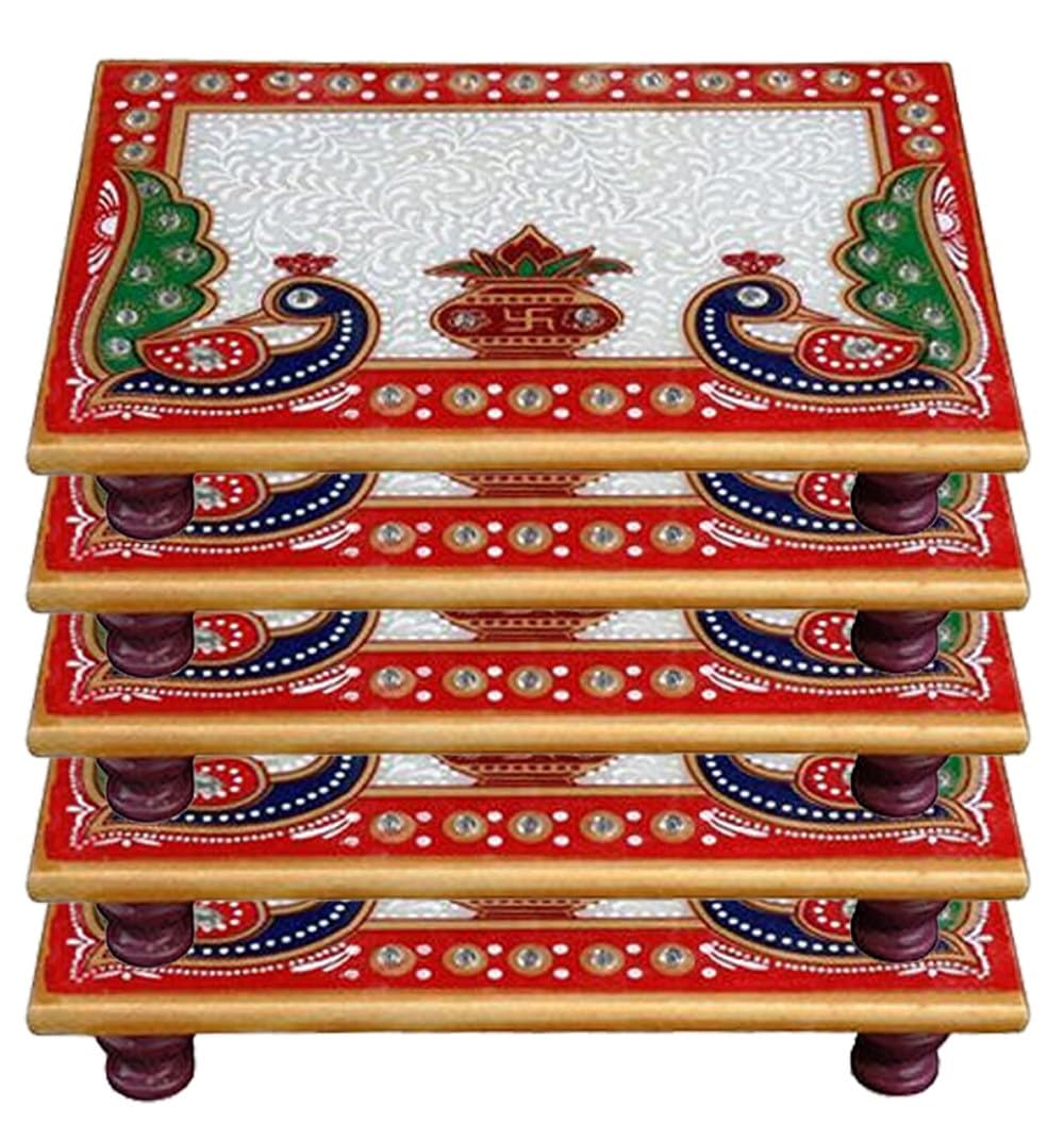 VIYU CREATIONS Marble Chowki Set with Peacock Design Aasan for Puja (Multicolor) (6X4, 5)