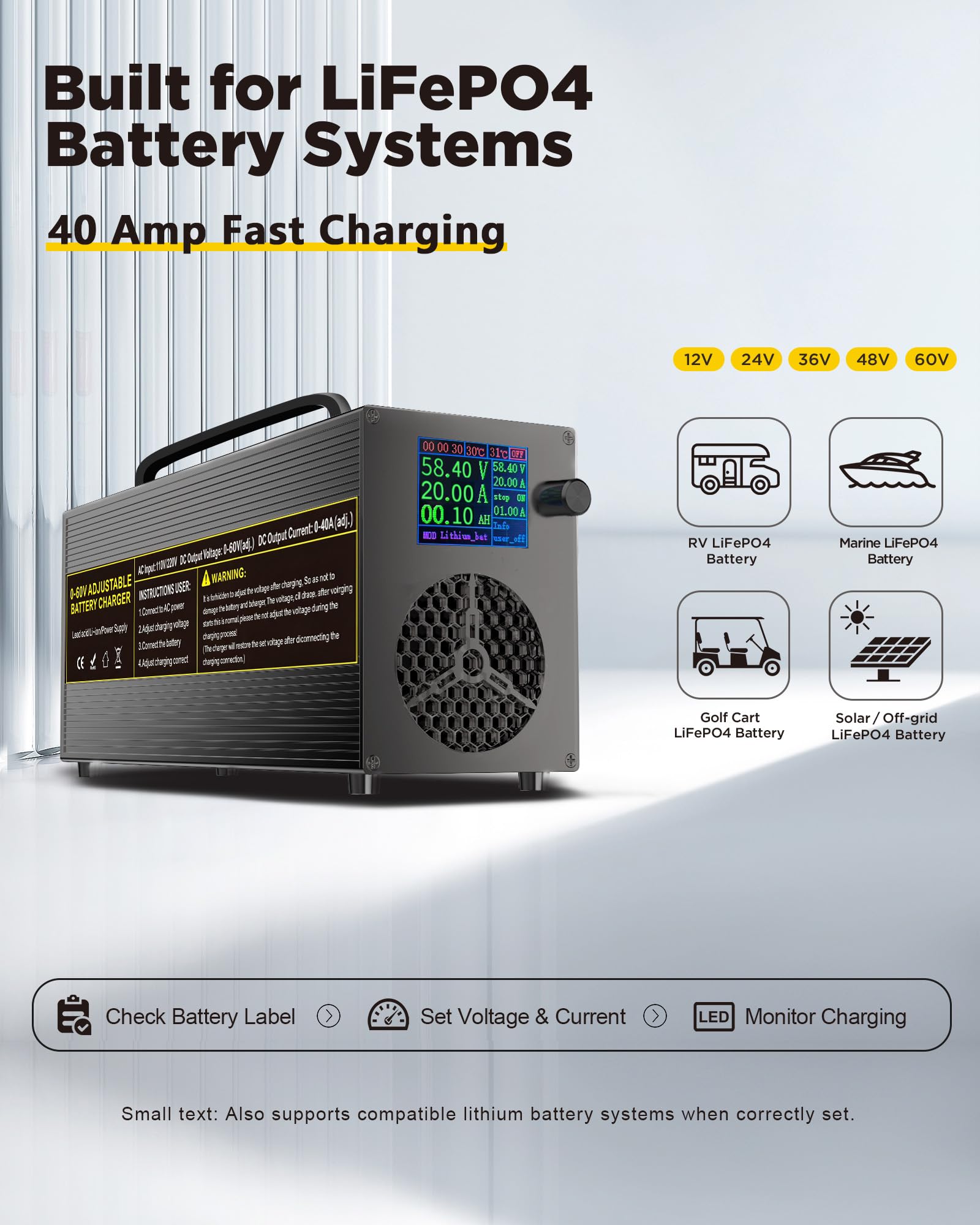 Caricabatterie LiFePO4 regolabile 0-60V 0-40A con maniglia anche per batterie al piombo e al litio – Caricabatterie universale intelligente con display colori, connettore Anderson e pinze coccodrillo
