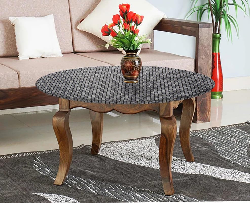 Image of The Furnishing Tree Round Elastic Fitted Center Tpoy Table Cover WxL 24x24 Inches Basketweave Pattern Grey