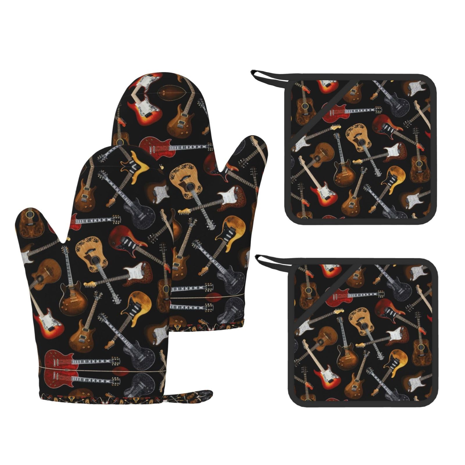 Guitars Trendy Printed Kitchen Set with Heat Resistant Gloves & Non-Slip Hot Pads for Baking & Grilling