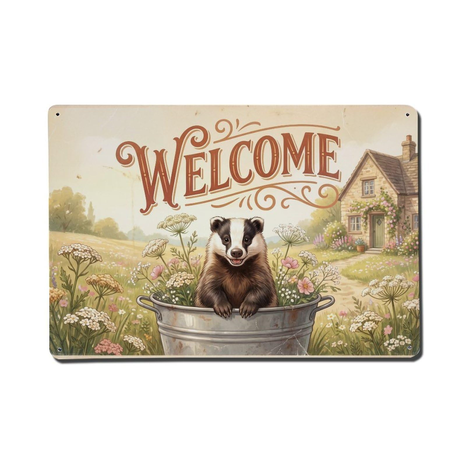 Vintage Welcome Badger Blooming Season Metal Tin Sign