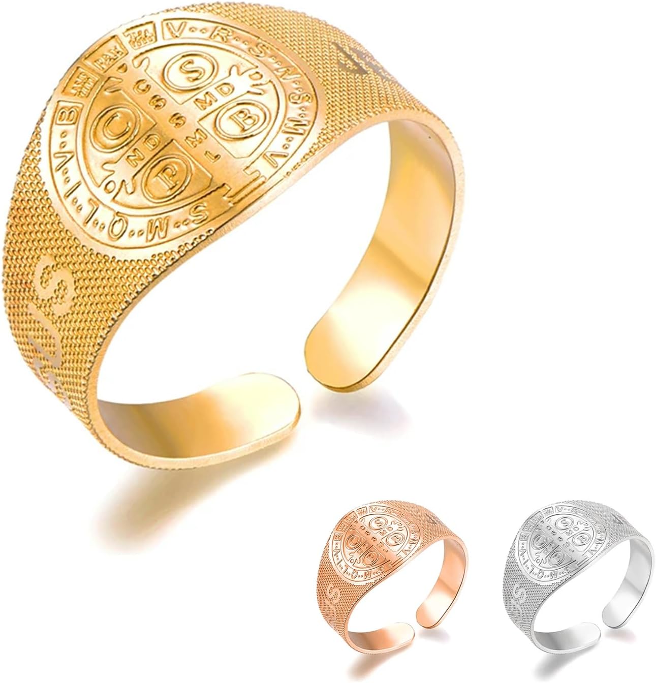 MRENITE Personalized 10K 14K 18K Gold Christian Rings for Men Round Pinky Signet Ring Custom Size Engraved Name Religious Exorcism Ring Gift for Father Son