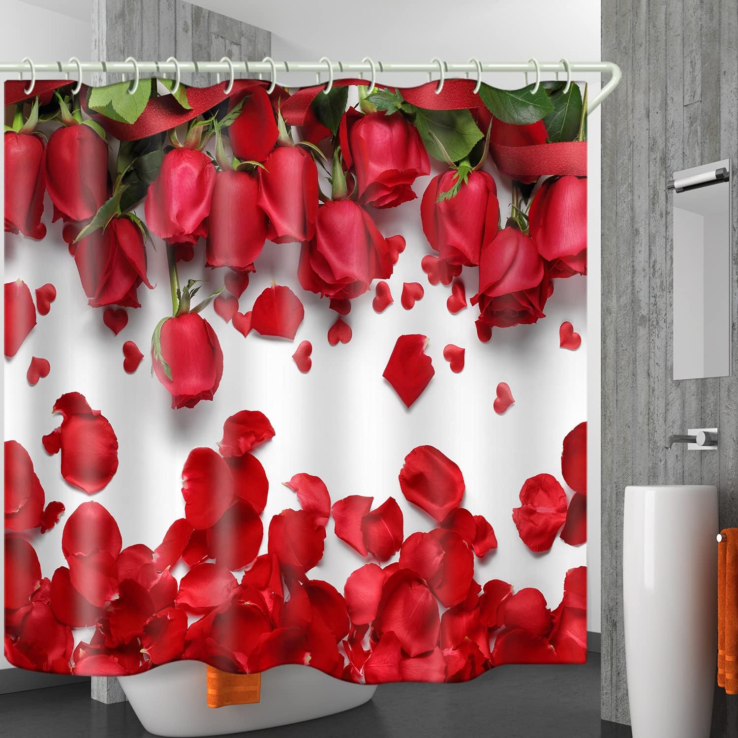 LYFANS Waterproof Fabric Shower Curtains Lining Printed Red Rose Petal Covered Bathtub Bathroom Curtains Include 12 Shower Curtains Hooks, 72 x 83 Inch Peep Proof Shower Curtain.
