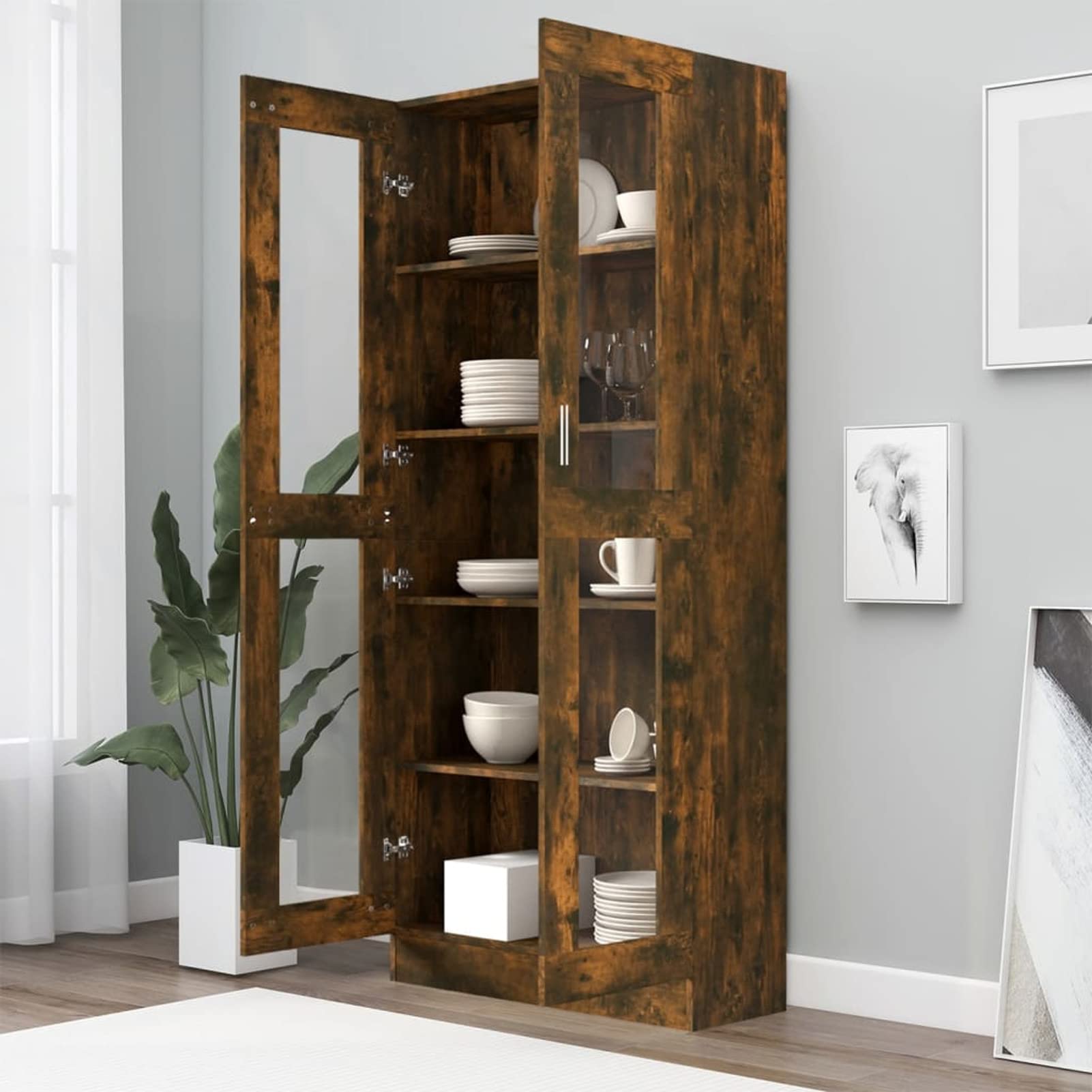 Homgoday Vitrina de Cristal, Vitrina de Salón Aparador,Aparador Cocina, Oficina Archivador, con 5 Estantes 2 Puertas de Vidrio 82,5x30,5x185,5 cm Roble Ahumado