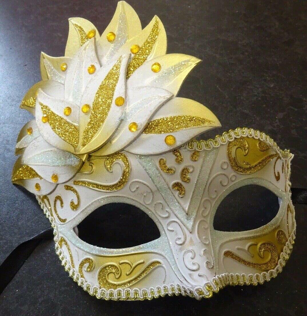 LADIES WHITE & SILVER JEWELLED VENETIAN MASQUERADE CARNIVAL PARTY EYE BALL MASK, White Gold, 17cm Deep - Image 3