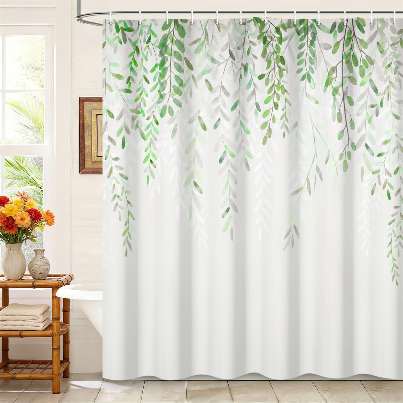Kzzfqxb 105x160cm Leaves Shower Curtains with Hooks, White Background Hanging Willow Greenleaves Twigs Branches Plants Occluded Waterproof for Bath, Polyester Fabric Bathroom Bathtub Natural Decor — image 1