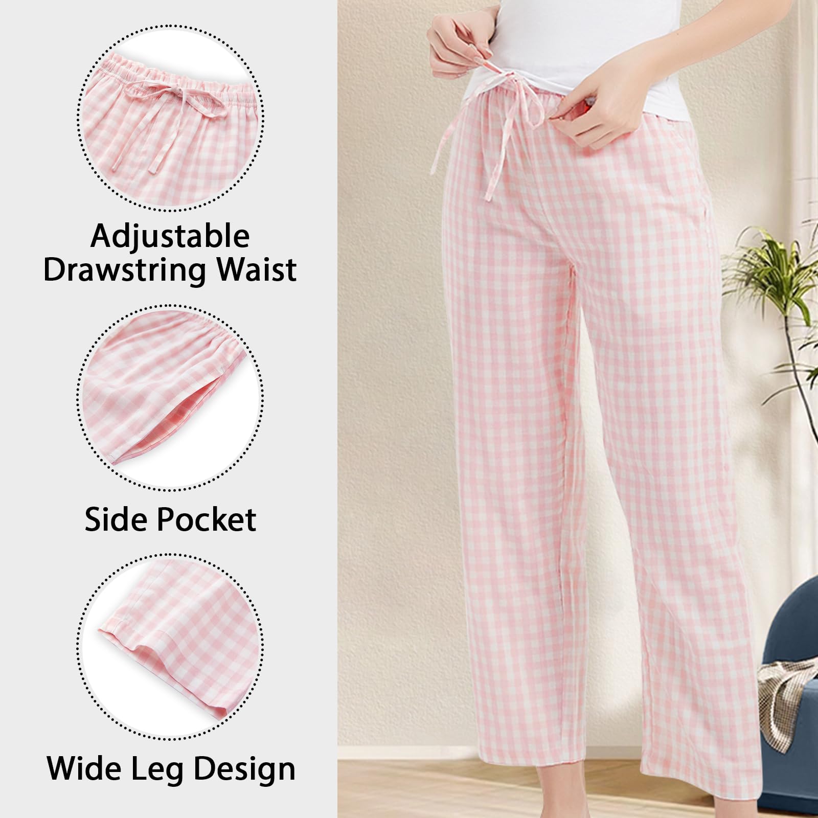 HomyComy Pantaloni Pigiama Donna Quadri Pantaloni del Pigiama da Notte in Cotone Comodi con Tasche