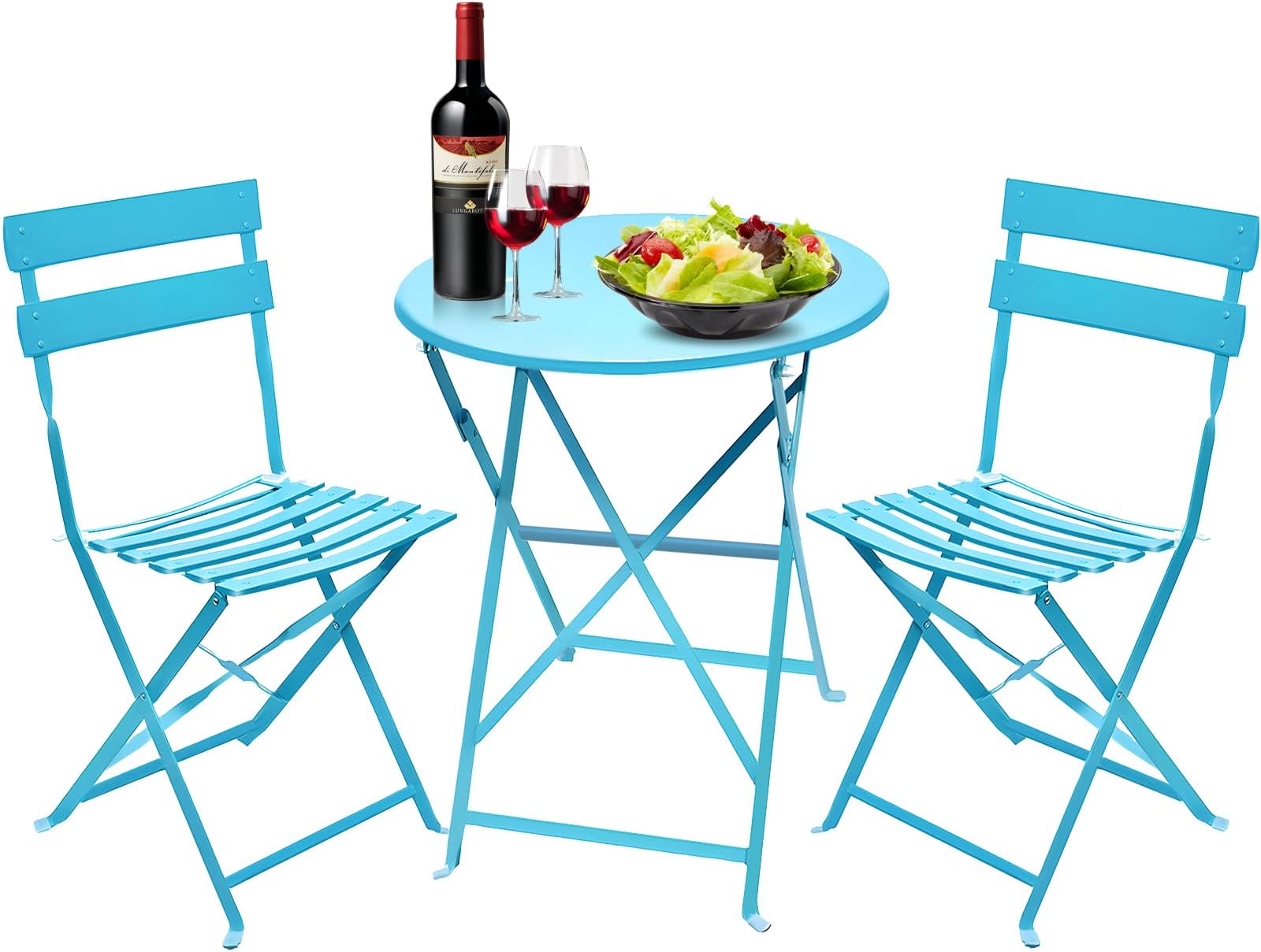 Amagabeli Bistro Set 3 Pieces Garden Furniture Set 1 Folding Table and 2 Foldable Chairs Set of 2 Premium Steel Outdoor Patio Side Table for Balcony Yard Garden Easy to Move Rustproof Blue