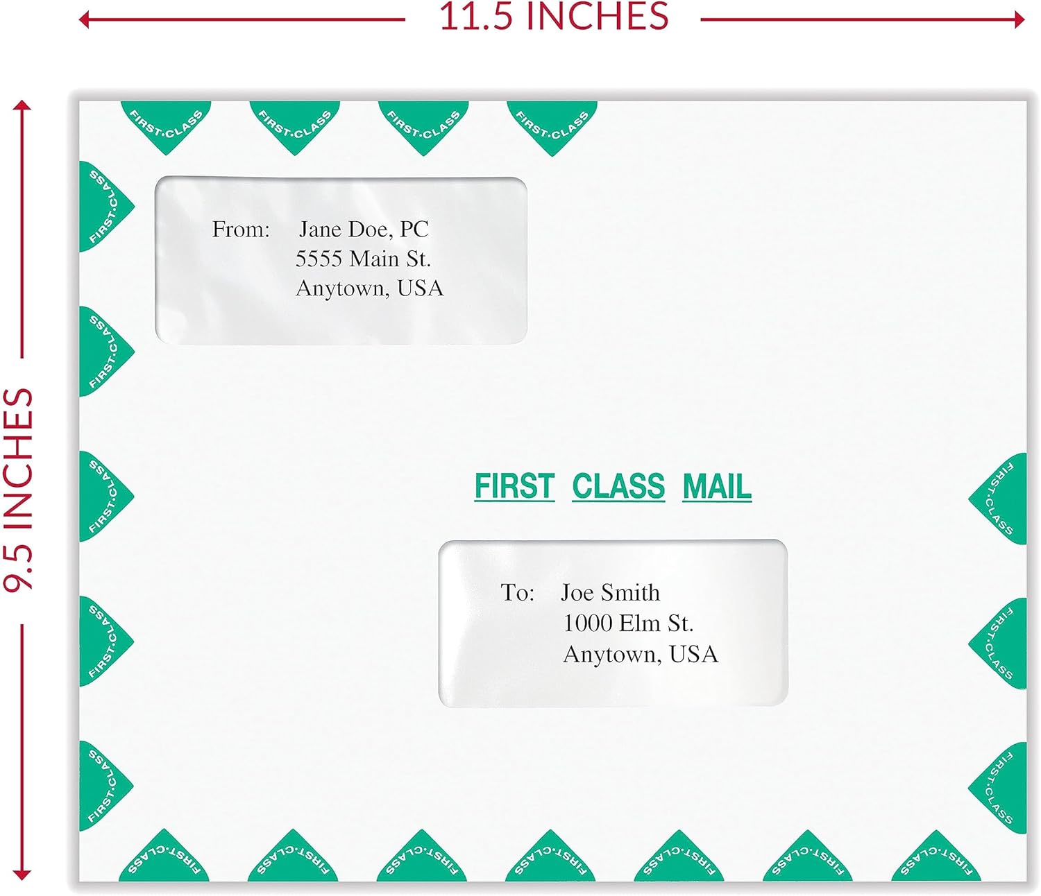 ComplyRight First Class Double Window Envelope, Tax Mailer, Landscape, White/Green, Moisture-Seal, 9-1/2" x 11-1/2", Pack of 50 Tax Document Envelopes