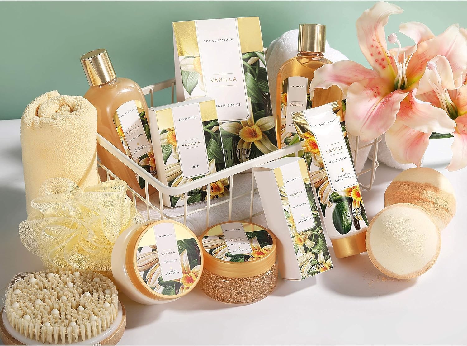 SPA LUXETIQUE 15 tlg. Bade Geschenkset für Frauen Vanilleduft mit Duschgel, Haarkappe & Handtasche