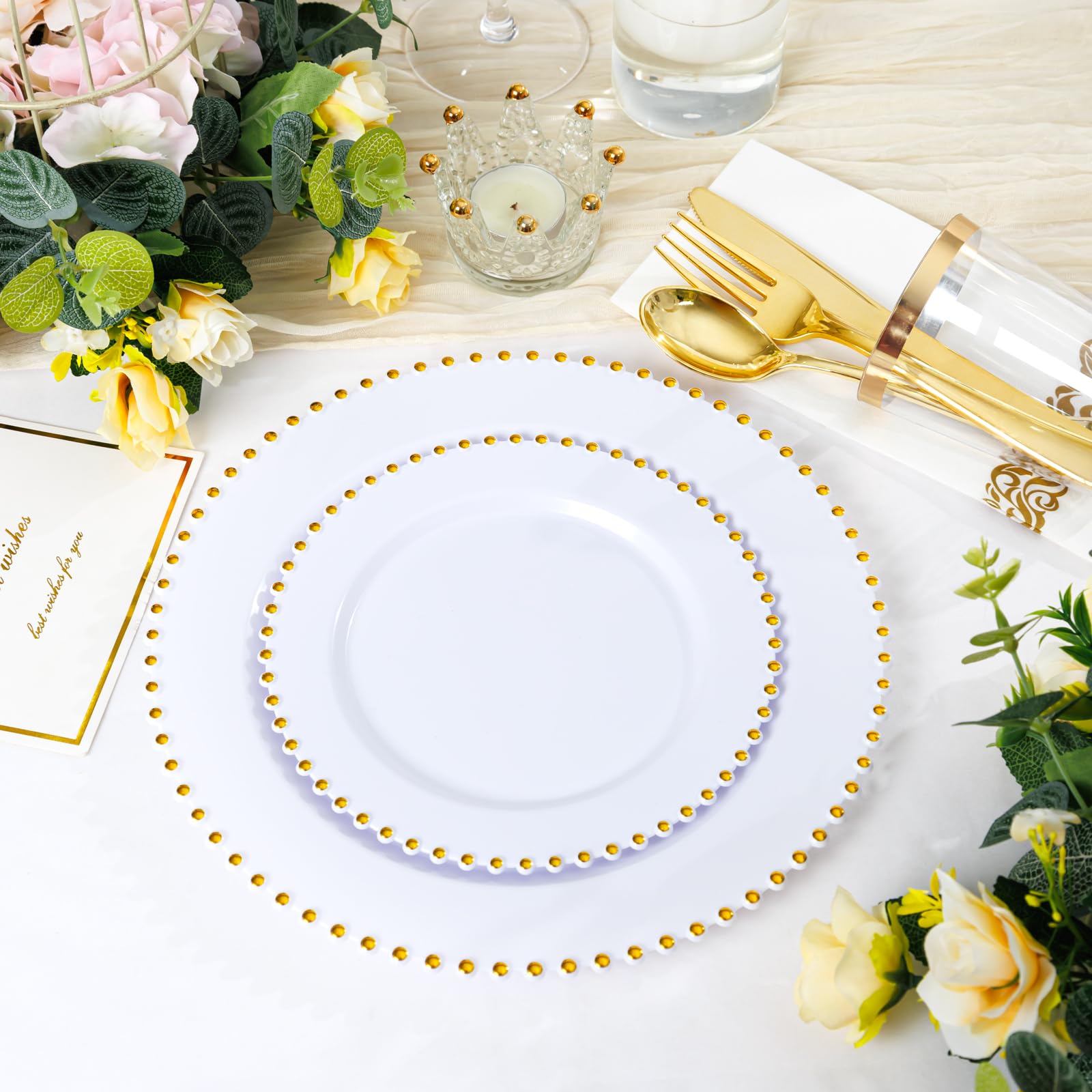 350 Pcs White & Gold Party Plates - Elegant Disposable Dinnerware -3