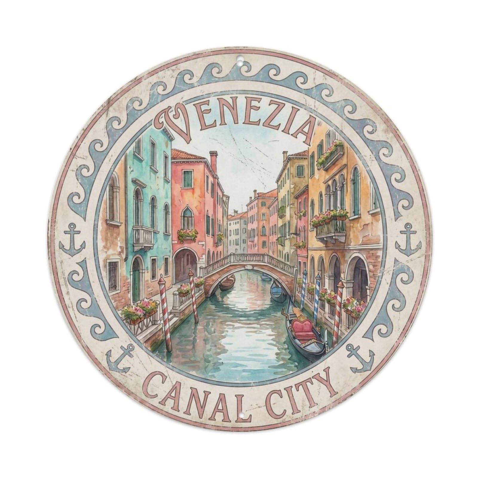 Vintage Travel Venice Canals Waterway Metal Tin Sign Plaque Wall Decor for Cafe, Club Bar, Office, Home Garden Round Metal Poster 8x8Inch