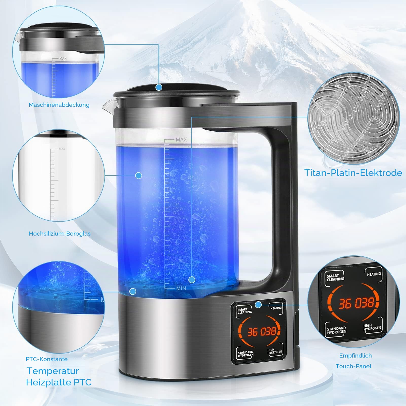 Wasserstoff Generator 2L Wassergenerator mit LED-Touchscreen und Thermostat