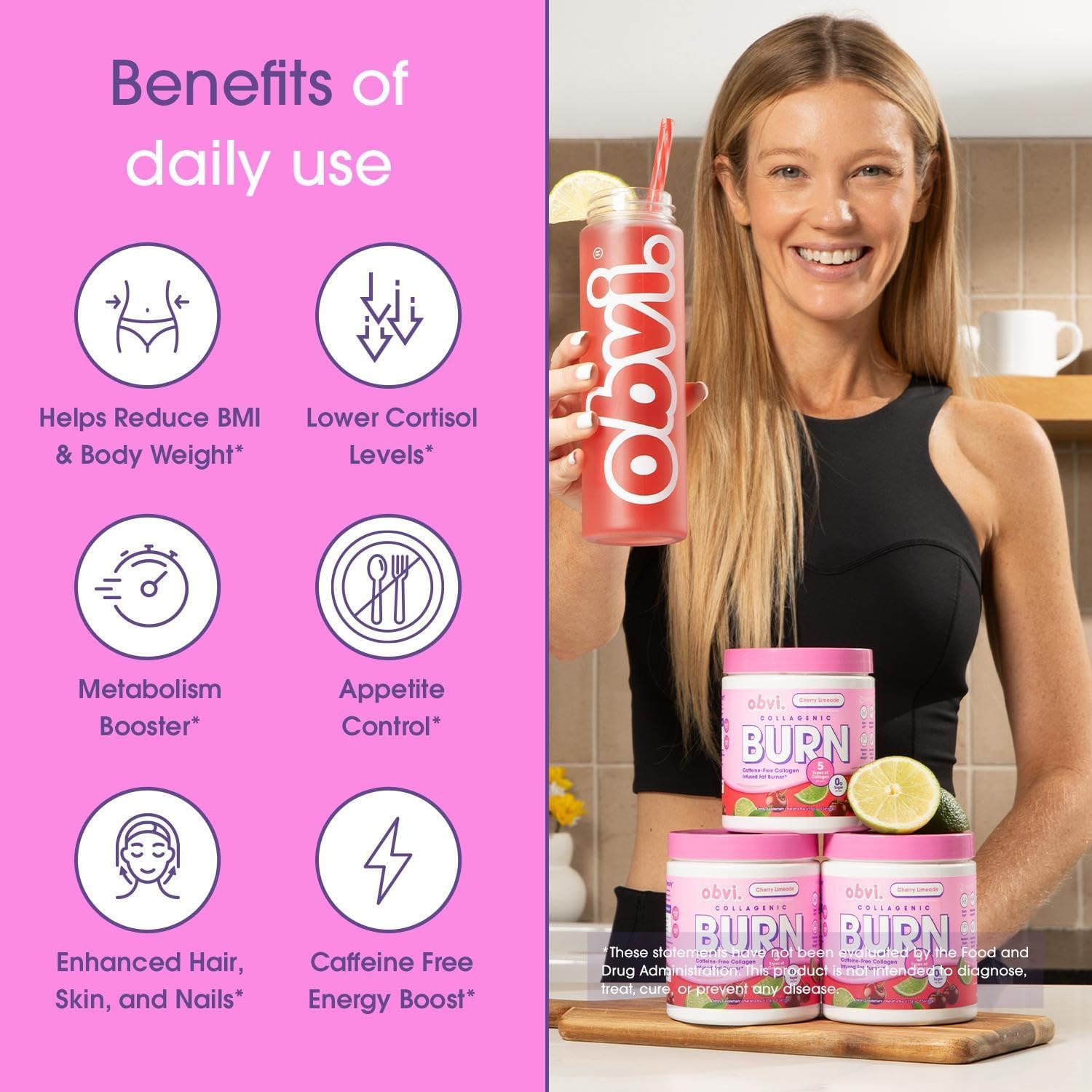 Obvi Collagenic Burn Powder | Multi-Collagen Blend with GBB, Ashwagandha & Green Coffee | Boosts Metabolism, Energy, and Wellness | Supports Skin, Hair, Nails, Joints | Cherry Limeade 25 Servings
